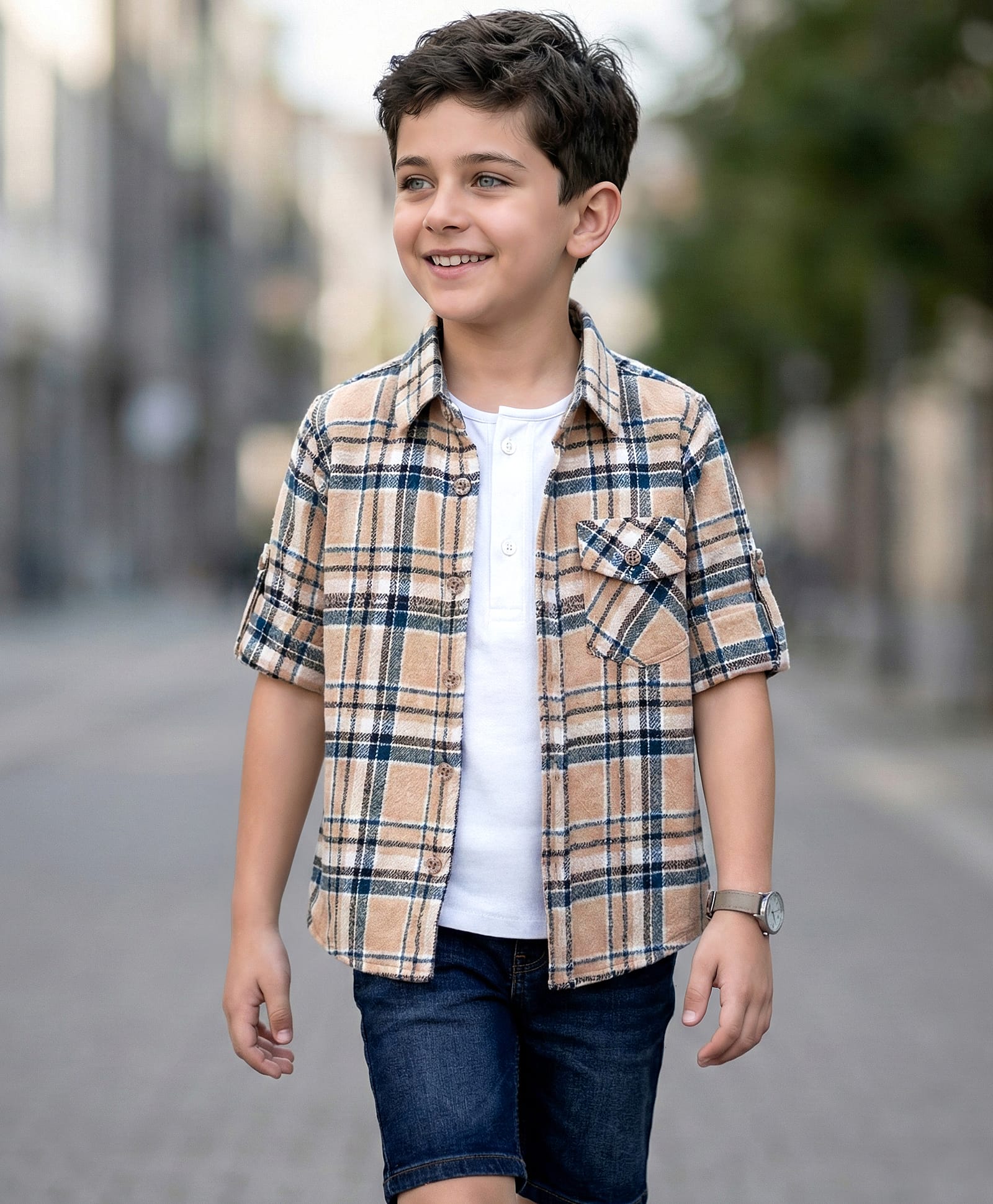 Rikidoos Cotton Woven Full Sleeves Checks Shirt With Attached T-Shirt - White & Tan-image-19