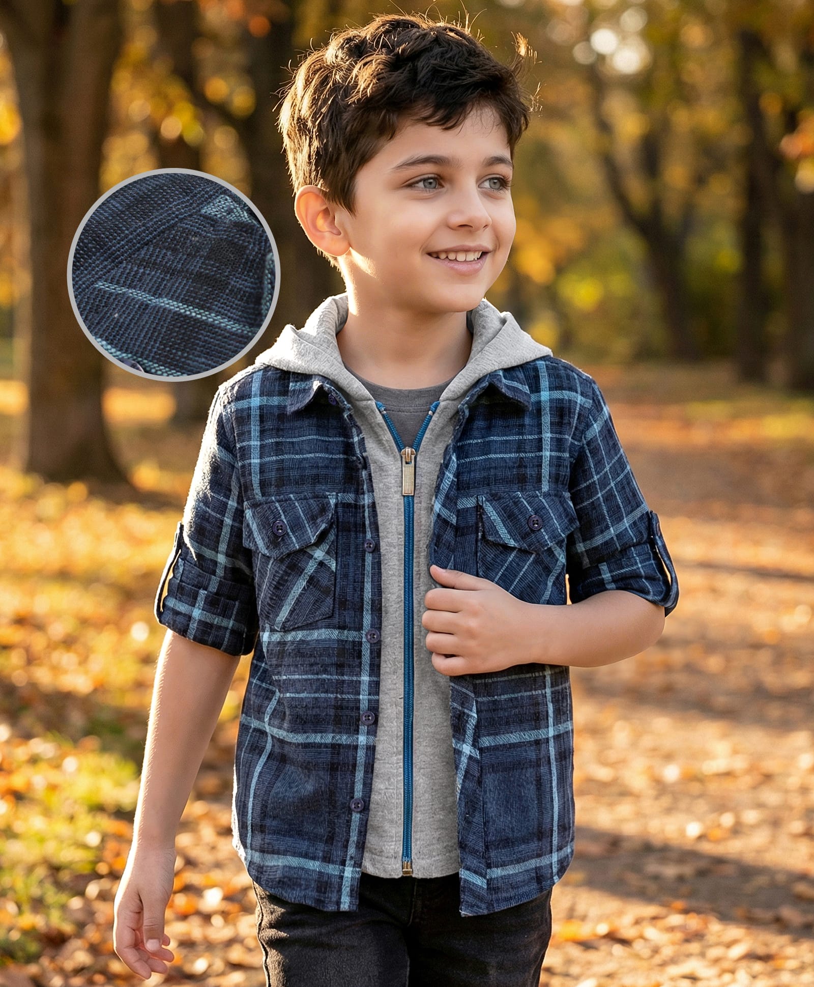 Rikidoos Cotton Woven Full Sleeves Hooded Checks Shirt With Zipper Attached T-Shirt - Navy Blue-picture-13