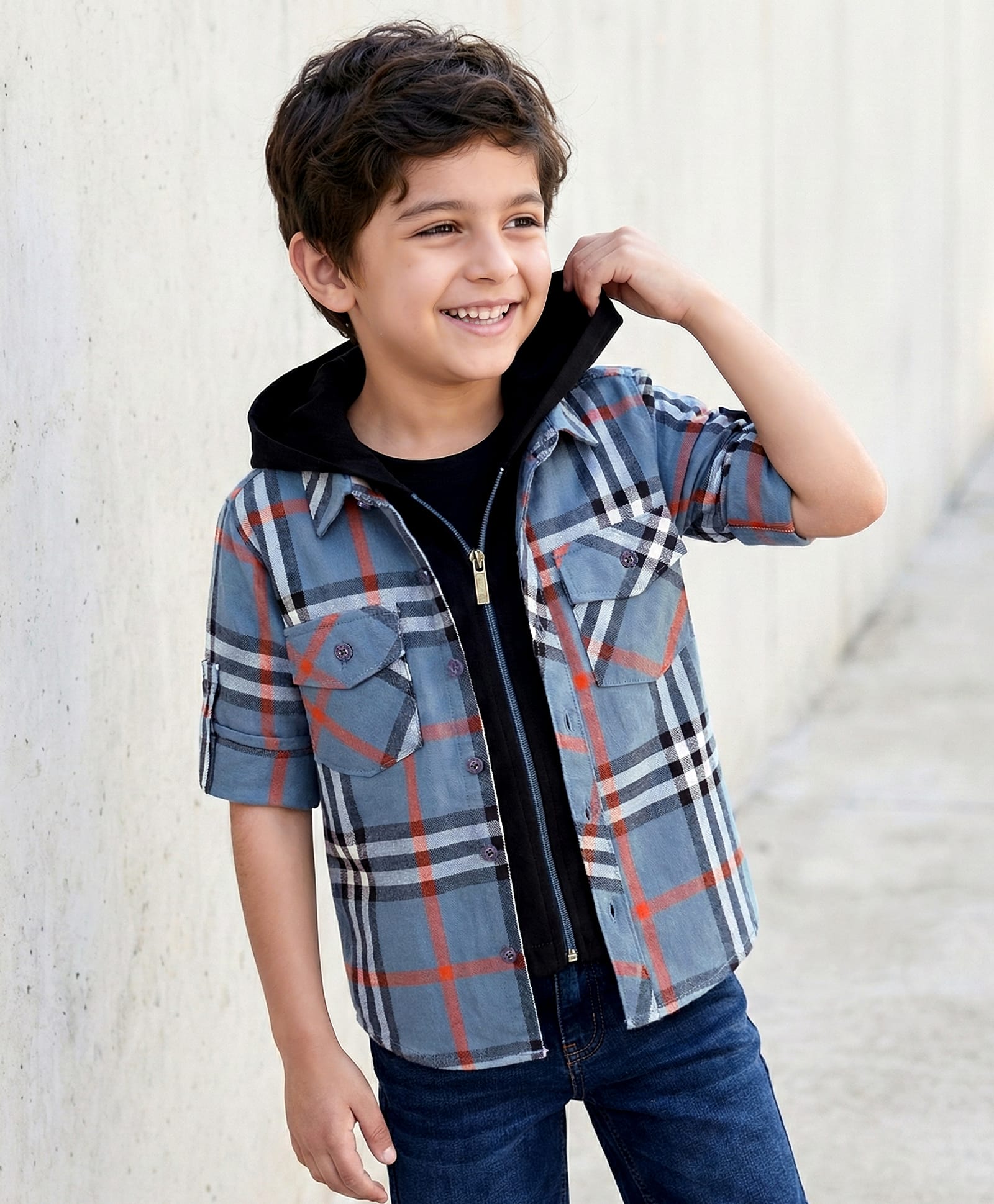Rikidoos Cotton Woven Full Sleeves Hooded Checks Shirt With Zipper Attached T-Shirt - Blue-picture-3