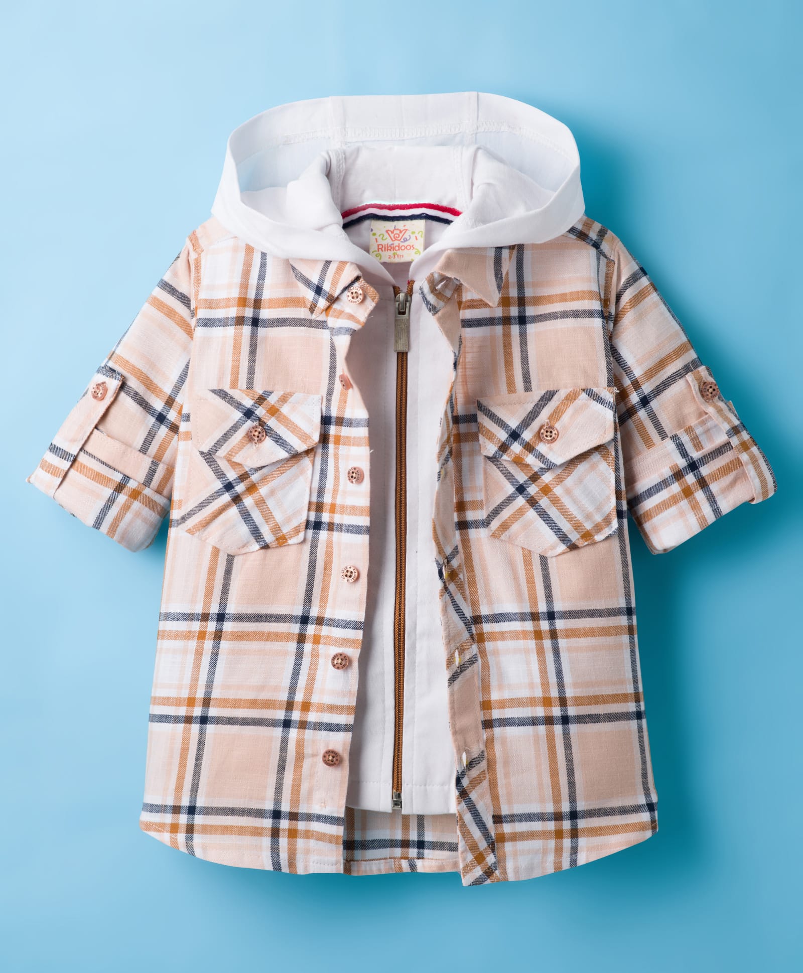 Rikidoos Cotton Woven Full Sleeves Hooded Checks Shirt With Attached Inner Tee - Light Peach & White-image-1