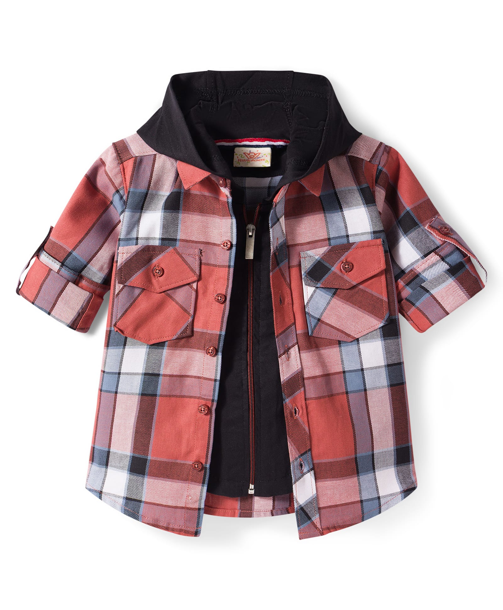 Rikidoos Cotton Woven Full Sleeves Hooded Checks Shirt With Zipper Attached T-Shirt - Light Red-picture-30