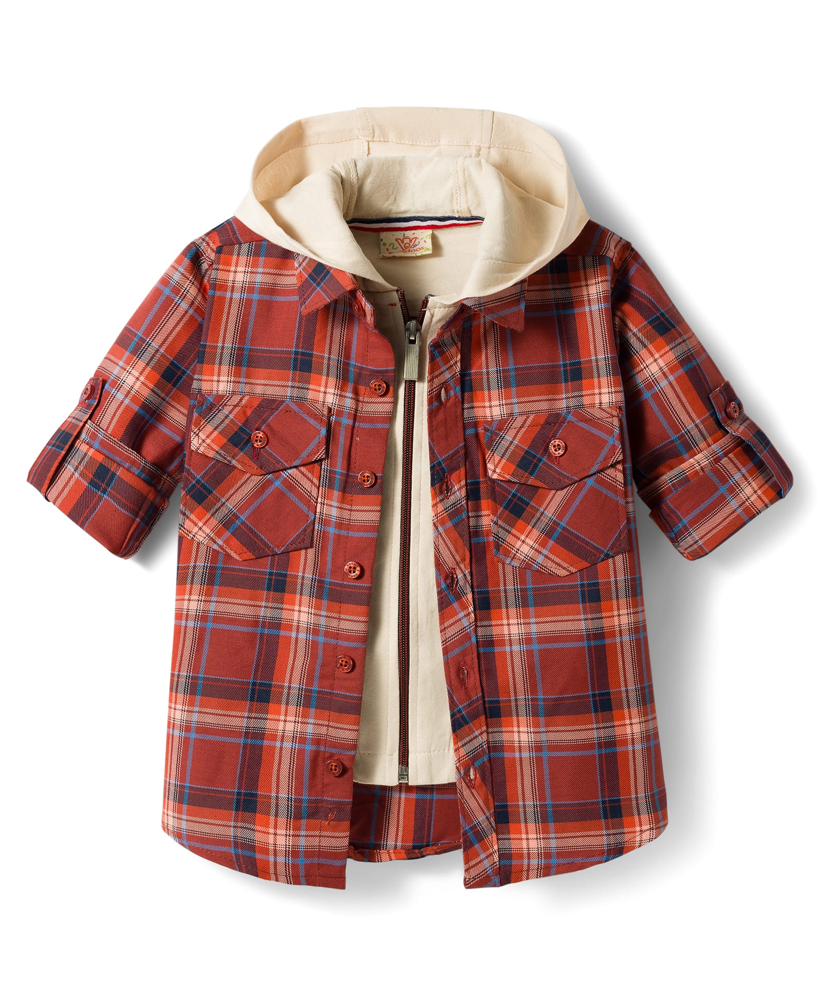 Rikidoos Cotton Woven Full Sleeves Hooded Checks Shirt With Zipper Attached T-Shirt - Rust Orange & Cream-image-32