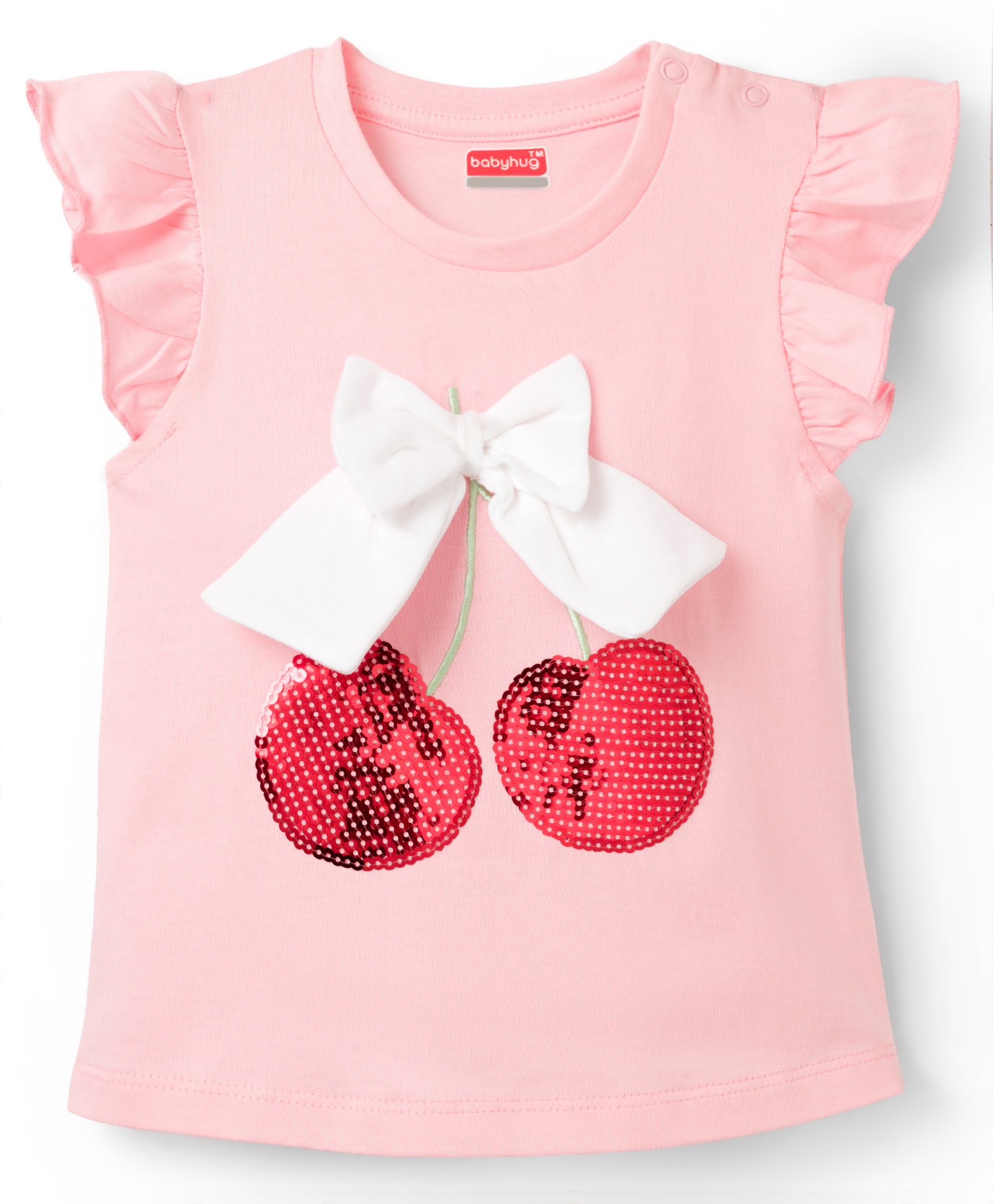 Babyhug Cotton Knit Frill Sleeves T-Shirt with Bow Applique Cheery Print & Sequin Detailing - Multicolor-image-46