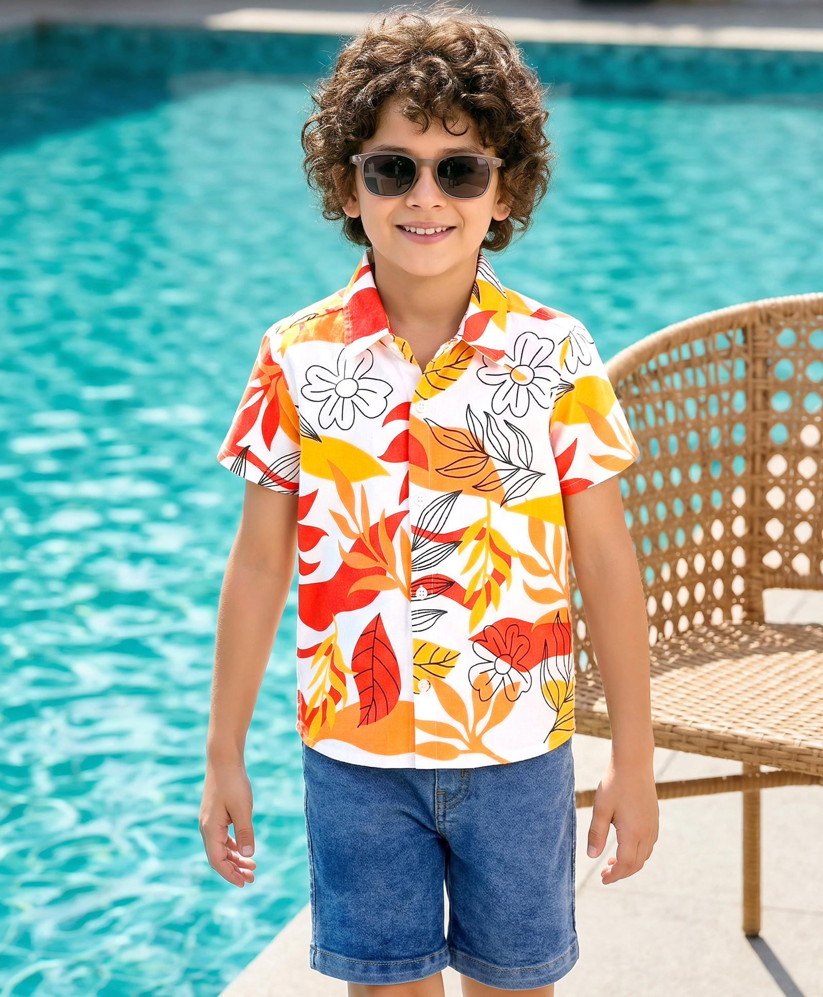 OLLINGTON ST. Cotton Knit Half Sleeves Printed Shirt & Stretchable Denim Shorts Set - Multicolour & Blue-picture-10