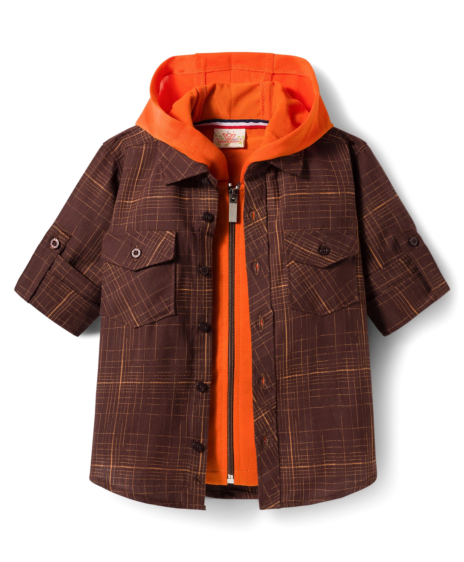 Rikidoos Cotton Woven Full Sleeves Hooded Checks Shirt With Zipper Attached T-Shirt - Brown & Orange-picture-27