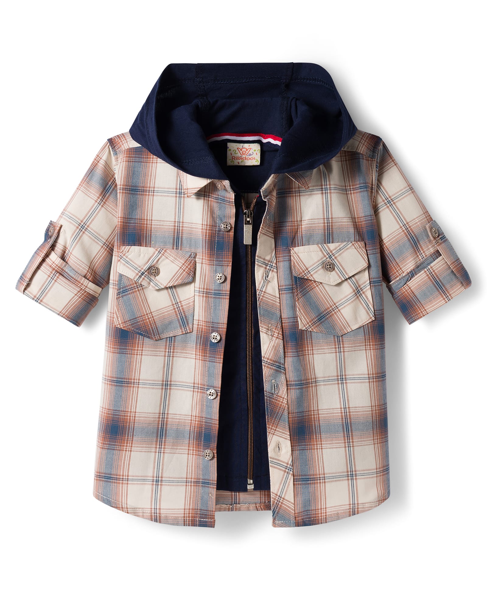 Rikidoos Cotton Woven Full Sleeves Hooded Checks Shirt With Zipper Attached T-Shirt - Cream & Navy Blue-picture-10