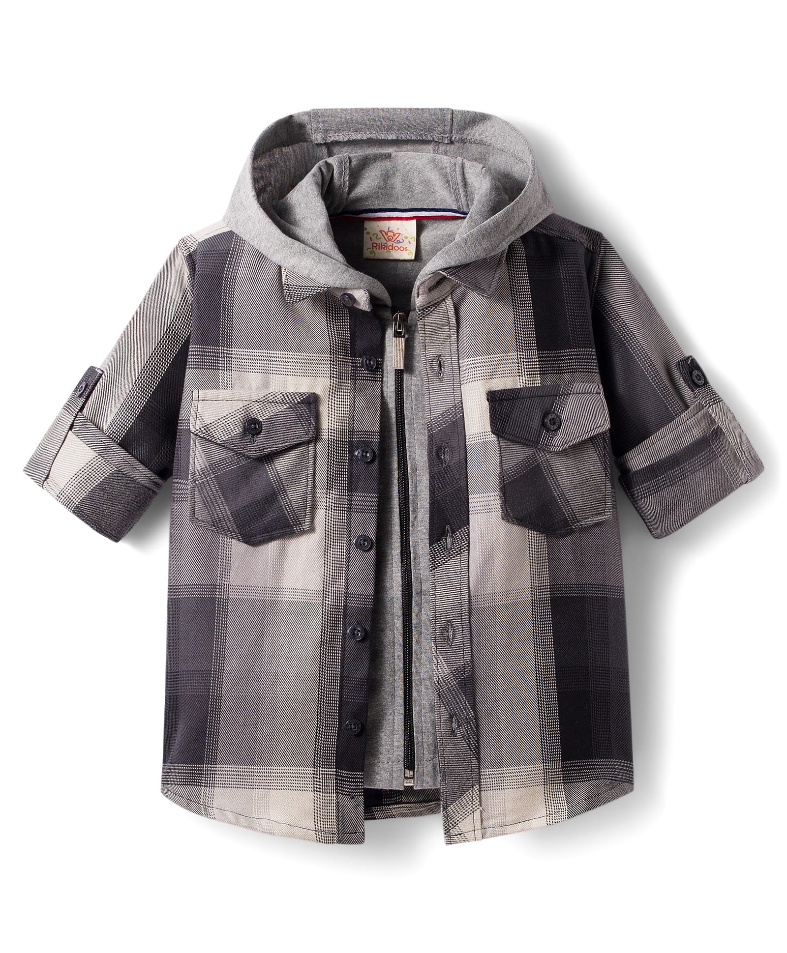 Rikidoos Cotton Woven Full Sleeves Hooded Checks Shirt With Zipper Attached T-Shirt - Black-picture-12