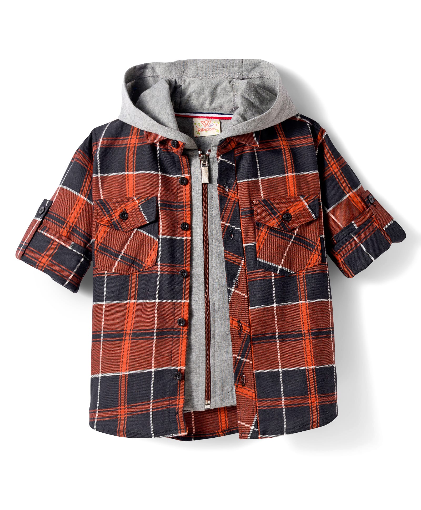 Rikidoos Cotton Woven Full Sleeves Hooded Shirt With Zipper Attached T-Shirt - Rust Orange-image-44