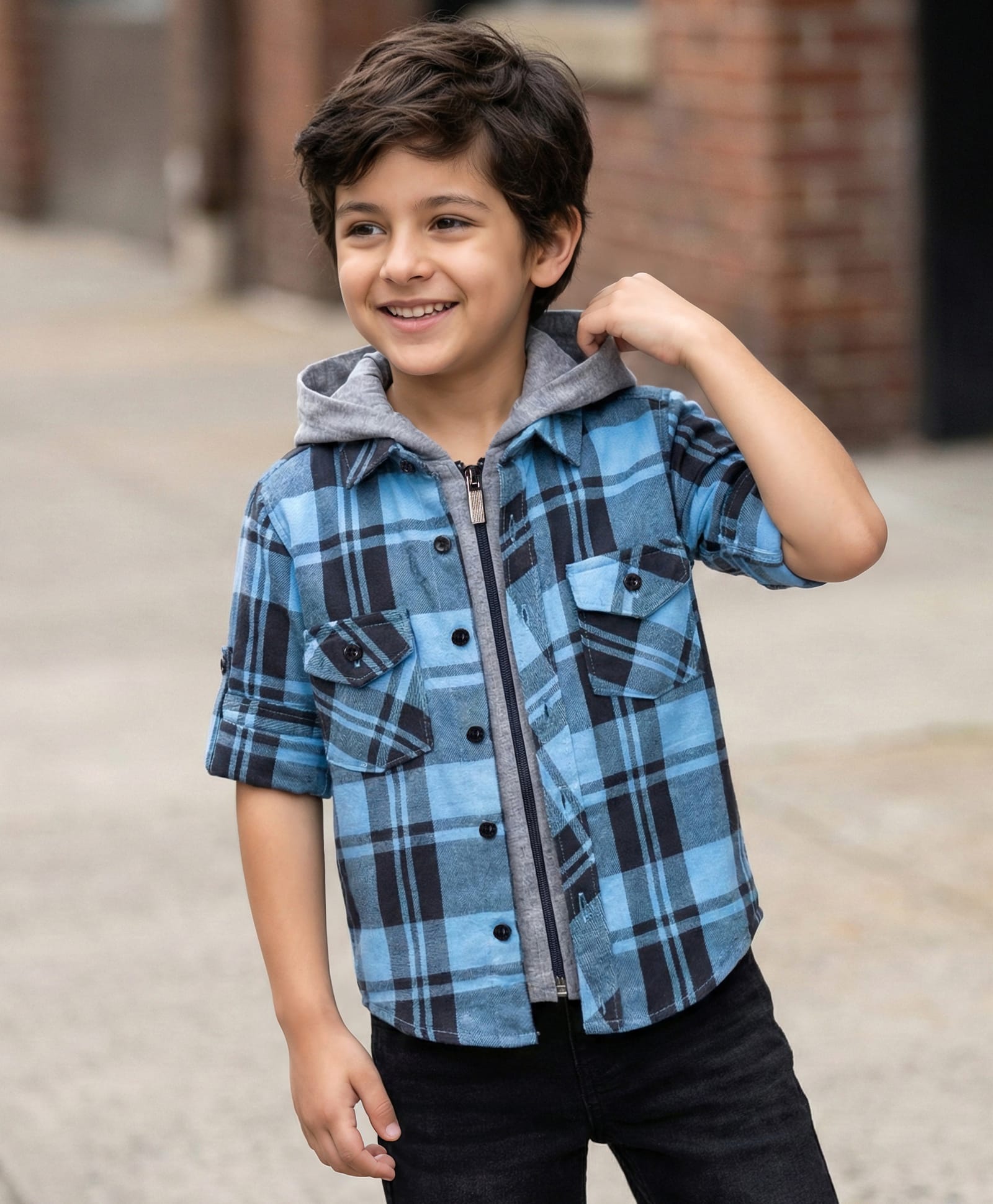 Rikidoos Cotton Woven Full Sleeves Hooded Checks Shirt With Attached Inner Tee - Blue & Grey-picture-47