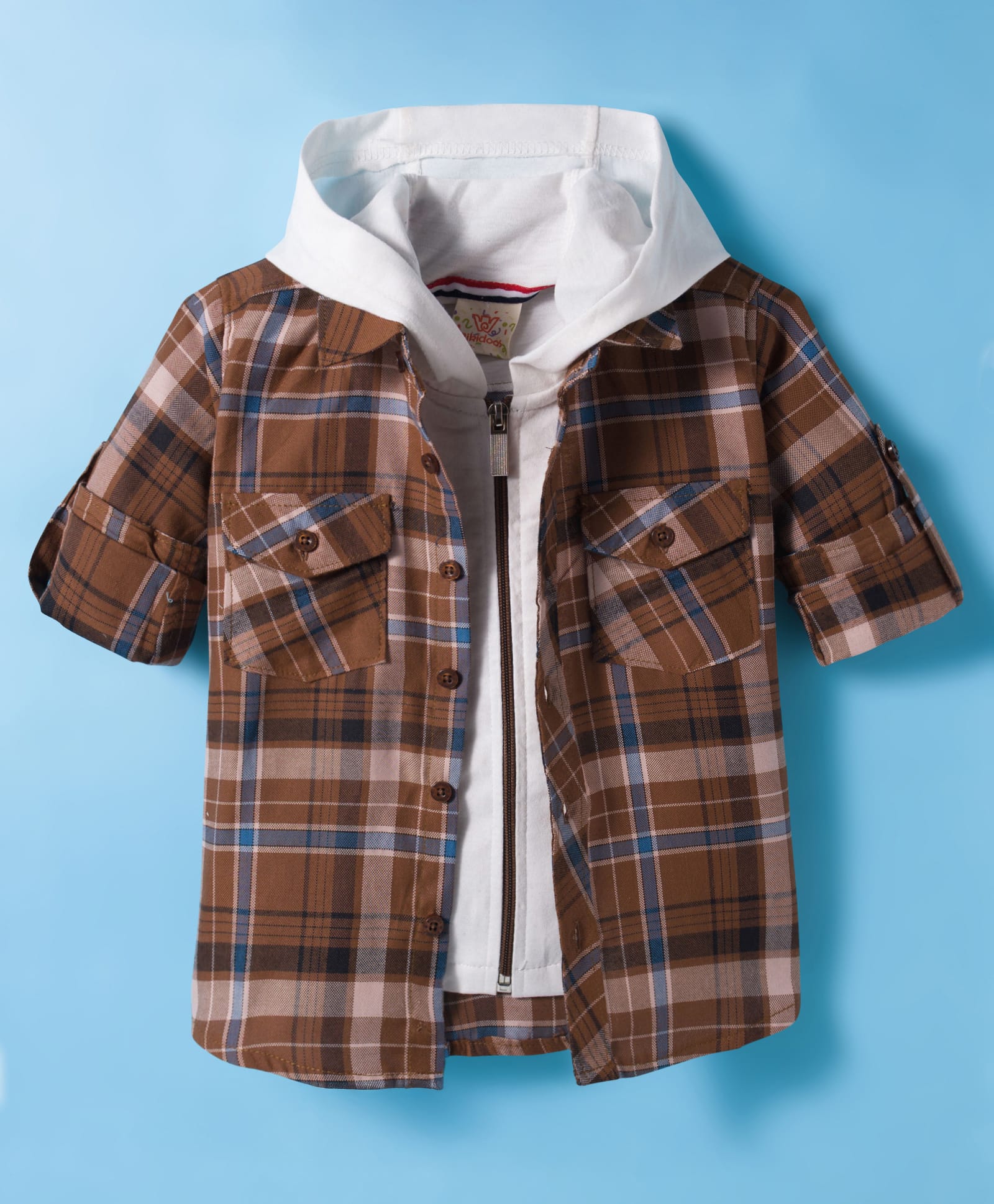 Rikidoos Cotton Woven Full Roll Up Sleeves Checkered Hooded Shirt - Brown-picture-31