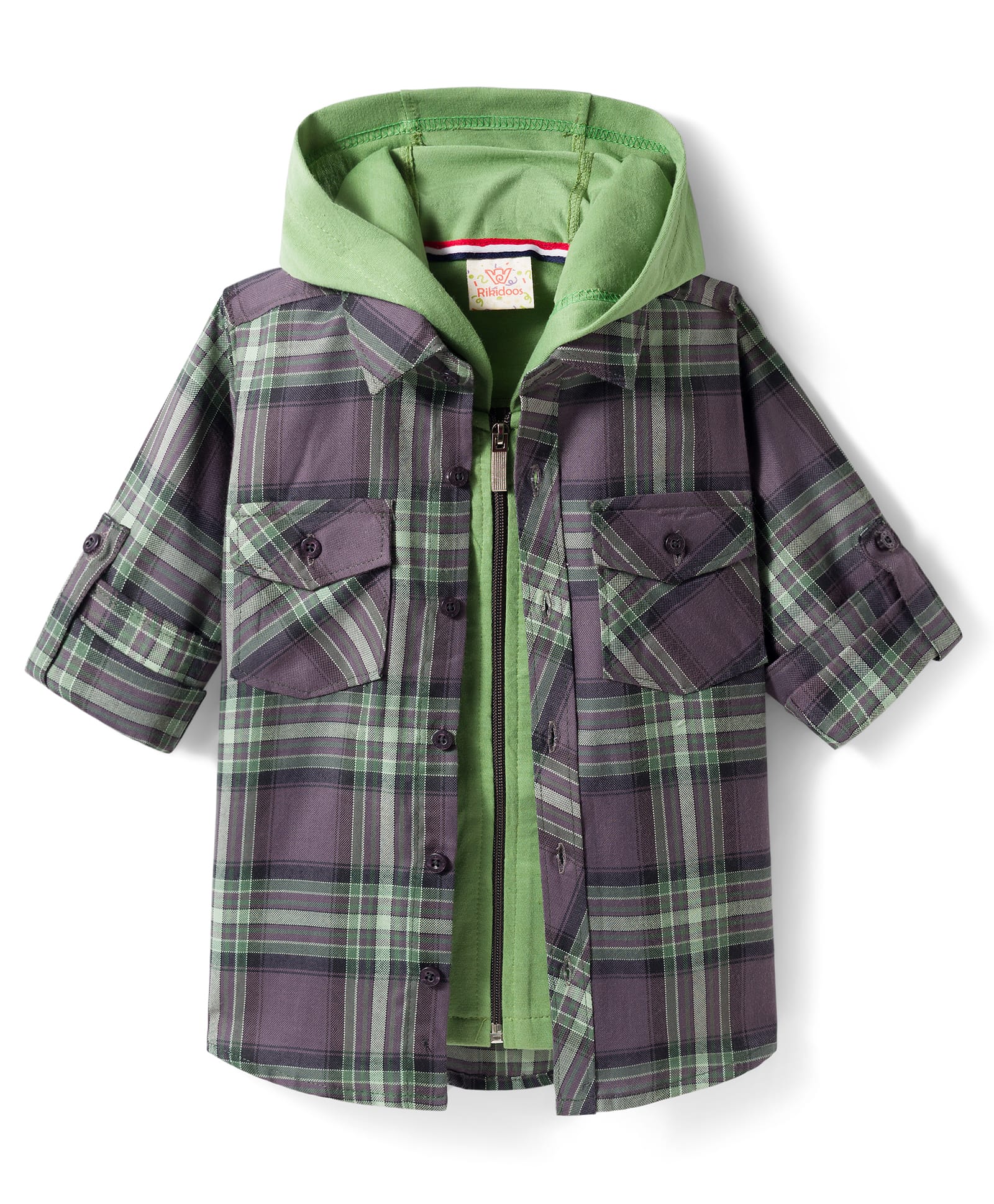 Rikidoos Cotton Woven Full Sleeves Hooded Checks Shirt With Zipper Attached T-Shirt - Green-picture-17