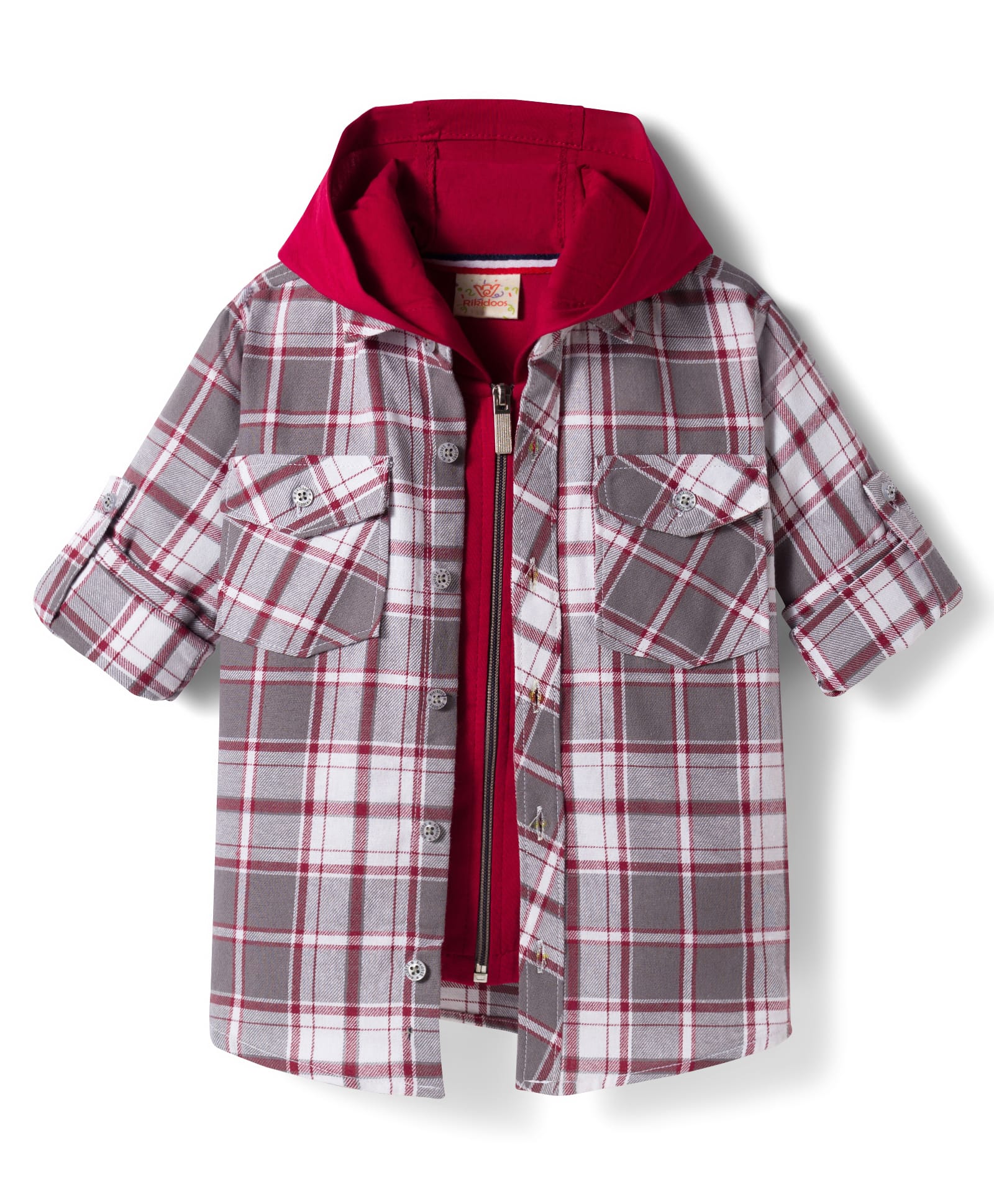 Rikidoos Cotton Woven Full Sleeves Hooded Checks Shirt With Attached Inner Tee - Grey & Maroon-image-34