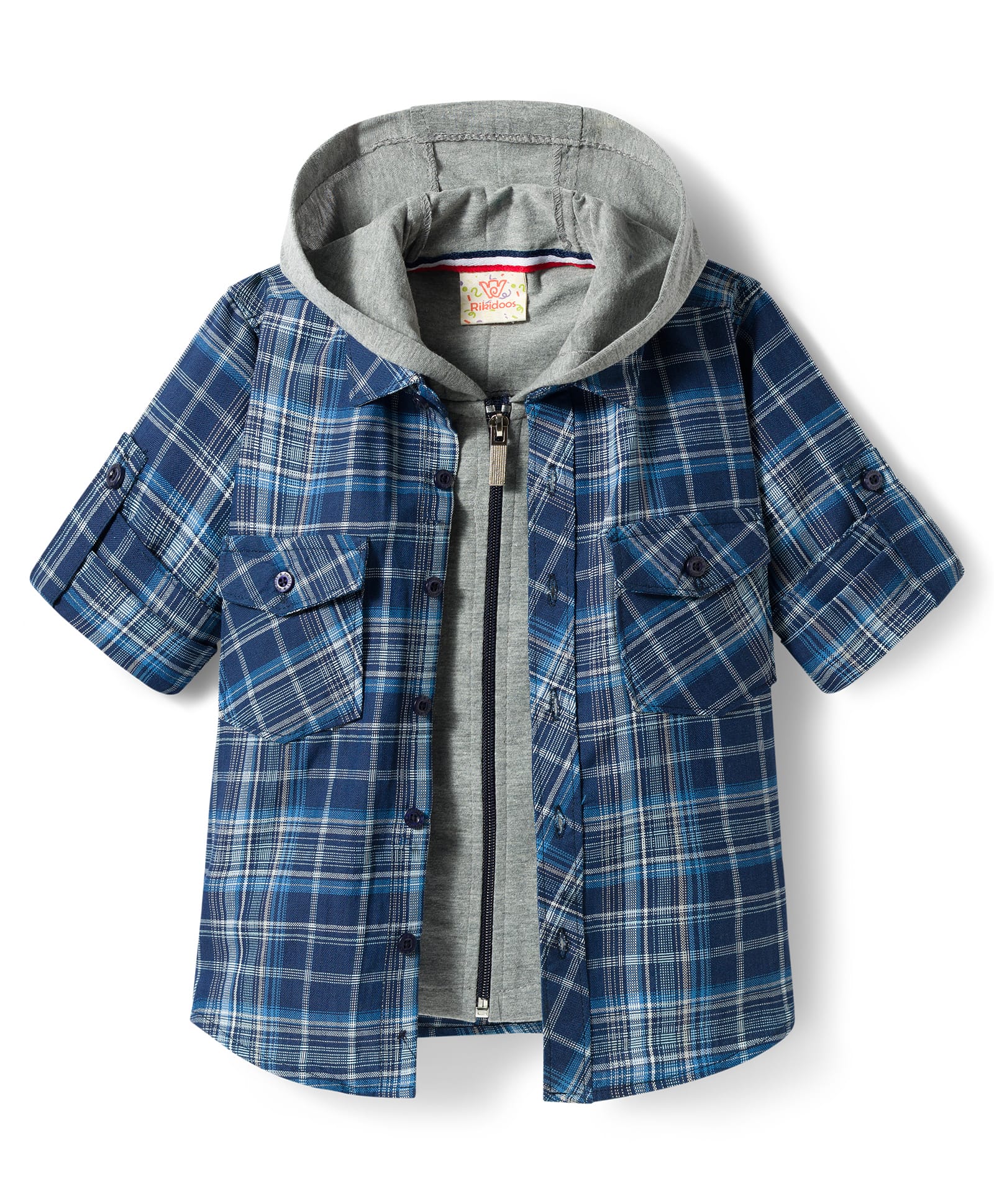Rikidoos Cotton Woven Full Sleeves Hooded Checks Shirt With Zipper Attached T-Shirt - Blue-picture-27