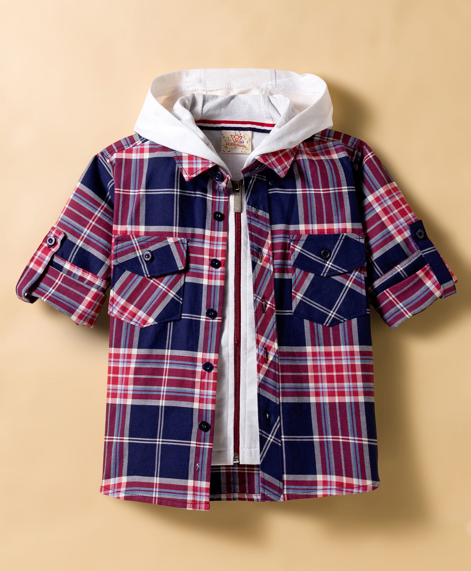 Rikidoos Cotton Woven Full Sleeves Hooded Checks Shirt With Zipper Attached T-Shirt - Navy Blue & White