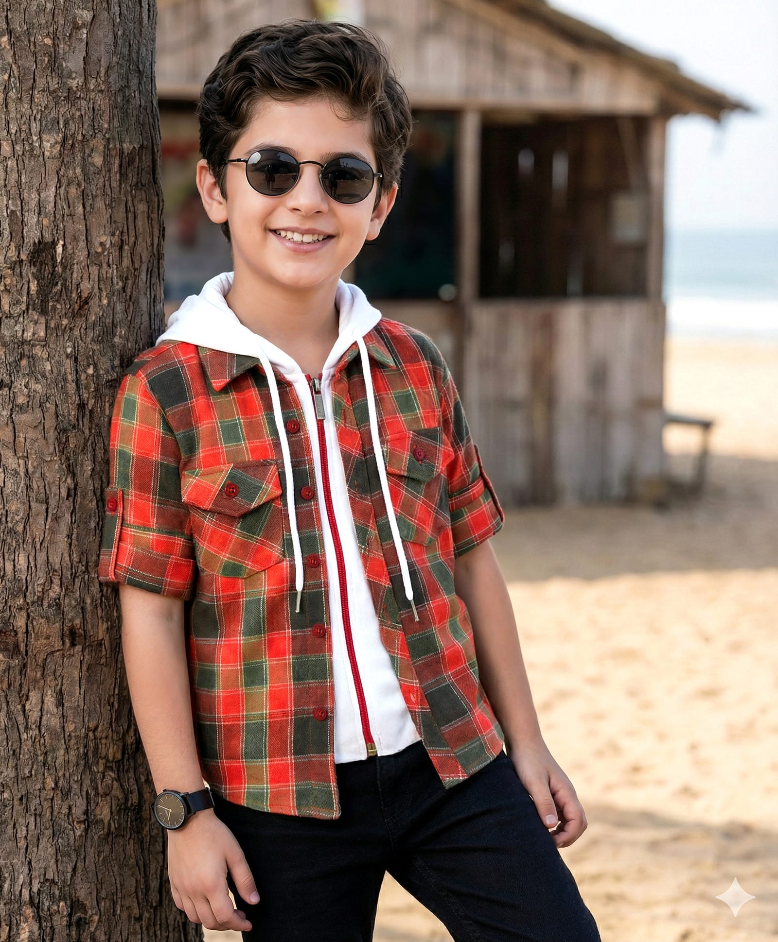 Rikidoos Cotton Woven Full Roll Up Sleeves Checkered Hooded Shirt - Orange-picture-27