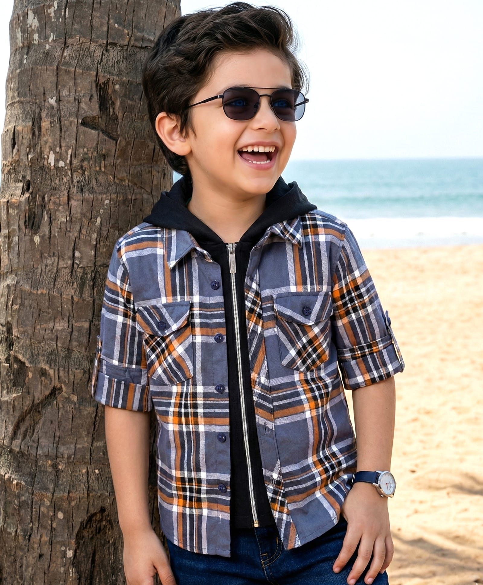 Rikidoos Cotton Woven Full Sleeves Hooded Checks Shirt With Zipper Attached T-Shirt - Grey-picture-26