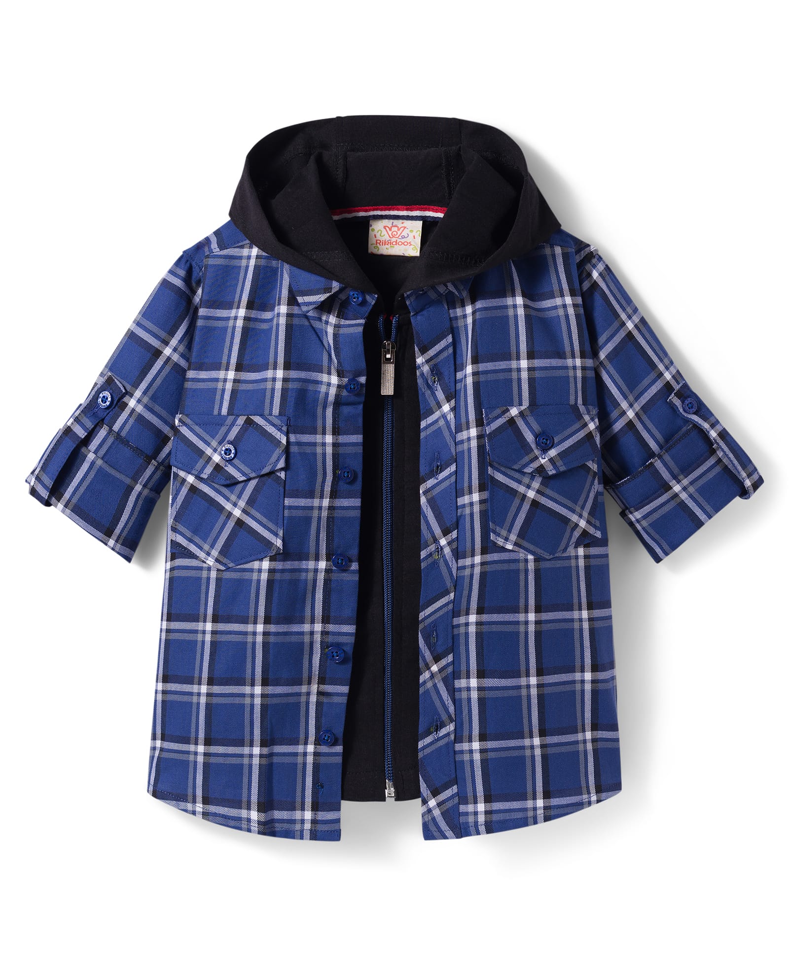 Rikidoos Cotton Woven Full Sleeves Hooded Shirt With Zipper Attached T-Shirt - Black & Blue-image-23