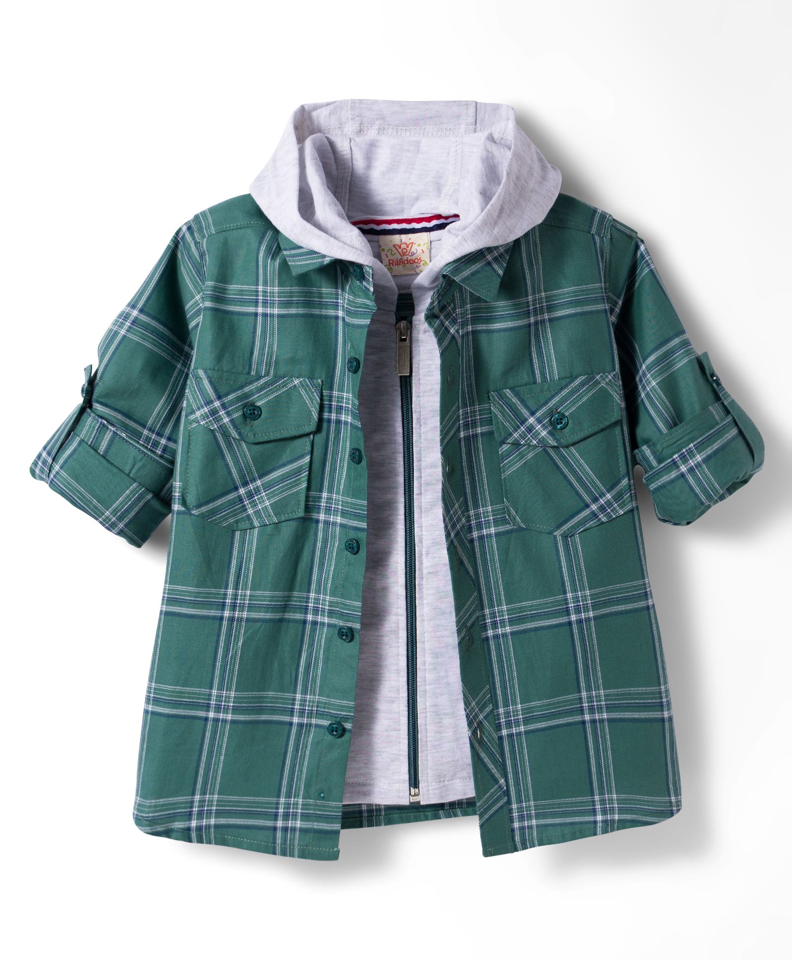 Rikidoos Cotton Woven Full Sleeves Hooded Checks Shirt With Zipper Attached T-Shirt - Sea Green & Grey-image-10