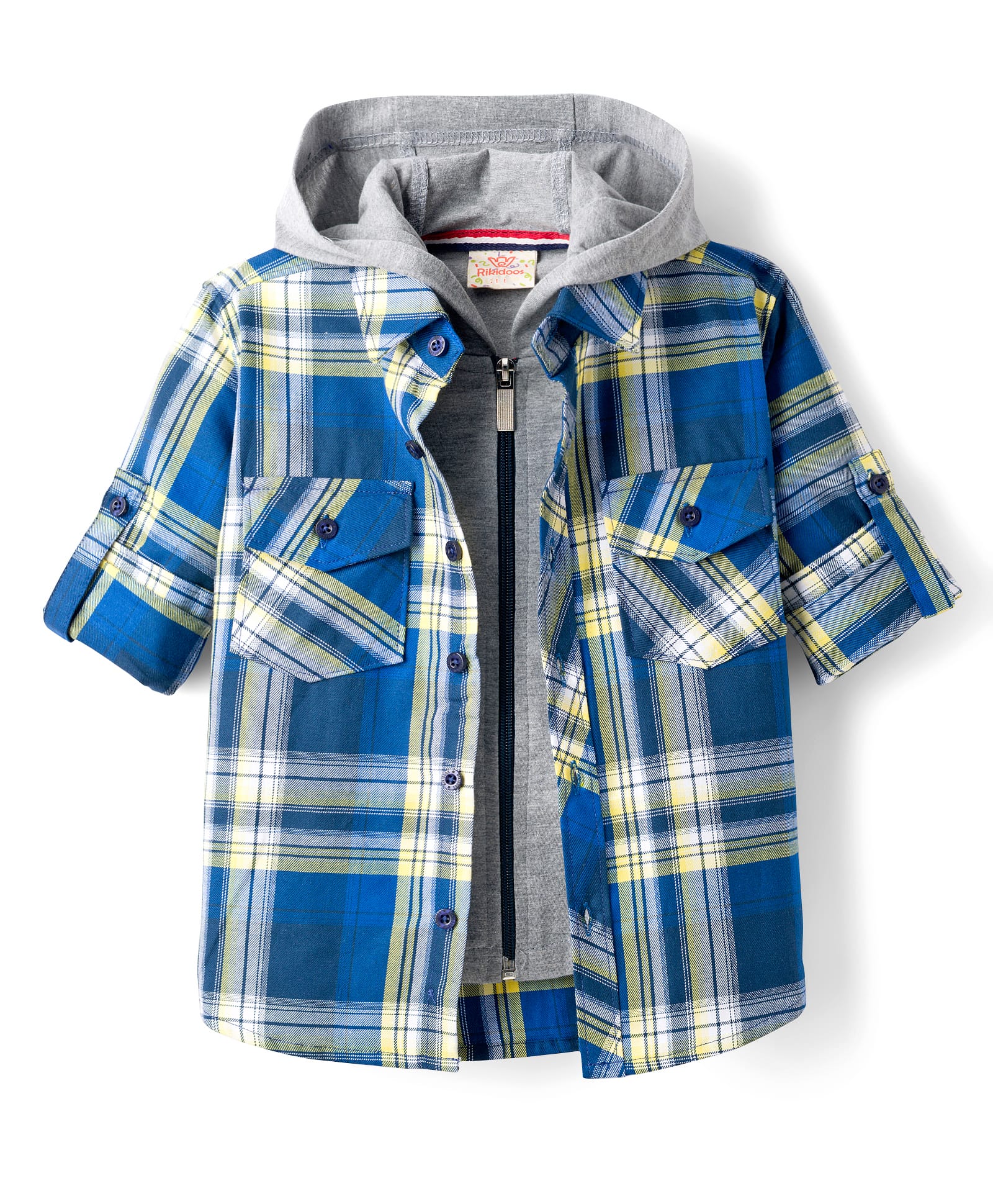 Rikidoos Cotton Woven Full Sleeves Hooded Checks Shirt With Zipper Attached T-Shirt - Blue-picture-19