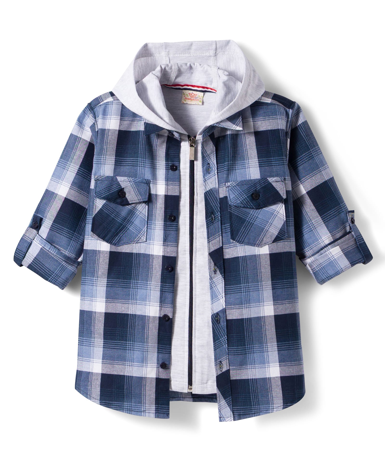 Rikidoos Cotton Woven Full Sleeves Hooded Checks Shirt With Attached Inner Tee - Blue & Grey-picture-15
