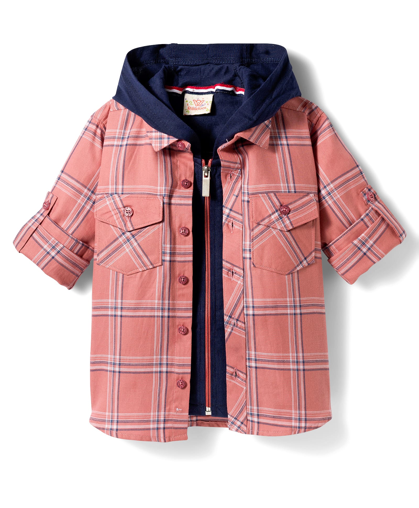 Rikidoos Cotton Woven Full Sleeves Hooded Shirt With Zipper Attached T-Shirt - Navy Blue & Peach-image-3