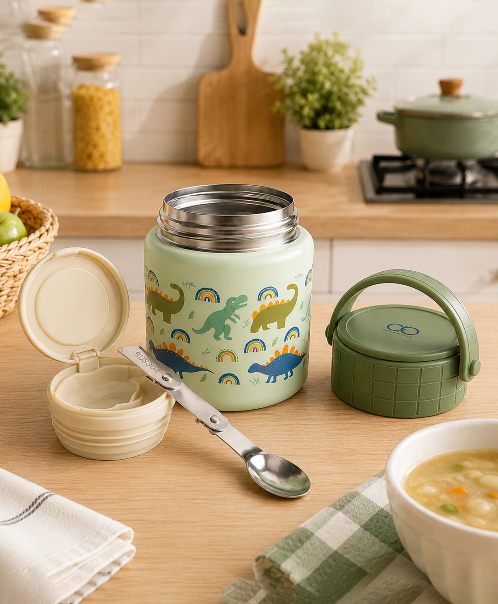 one and only Kids Insulated Food Jar 450 ml, Green Dinosaur-picture-13