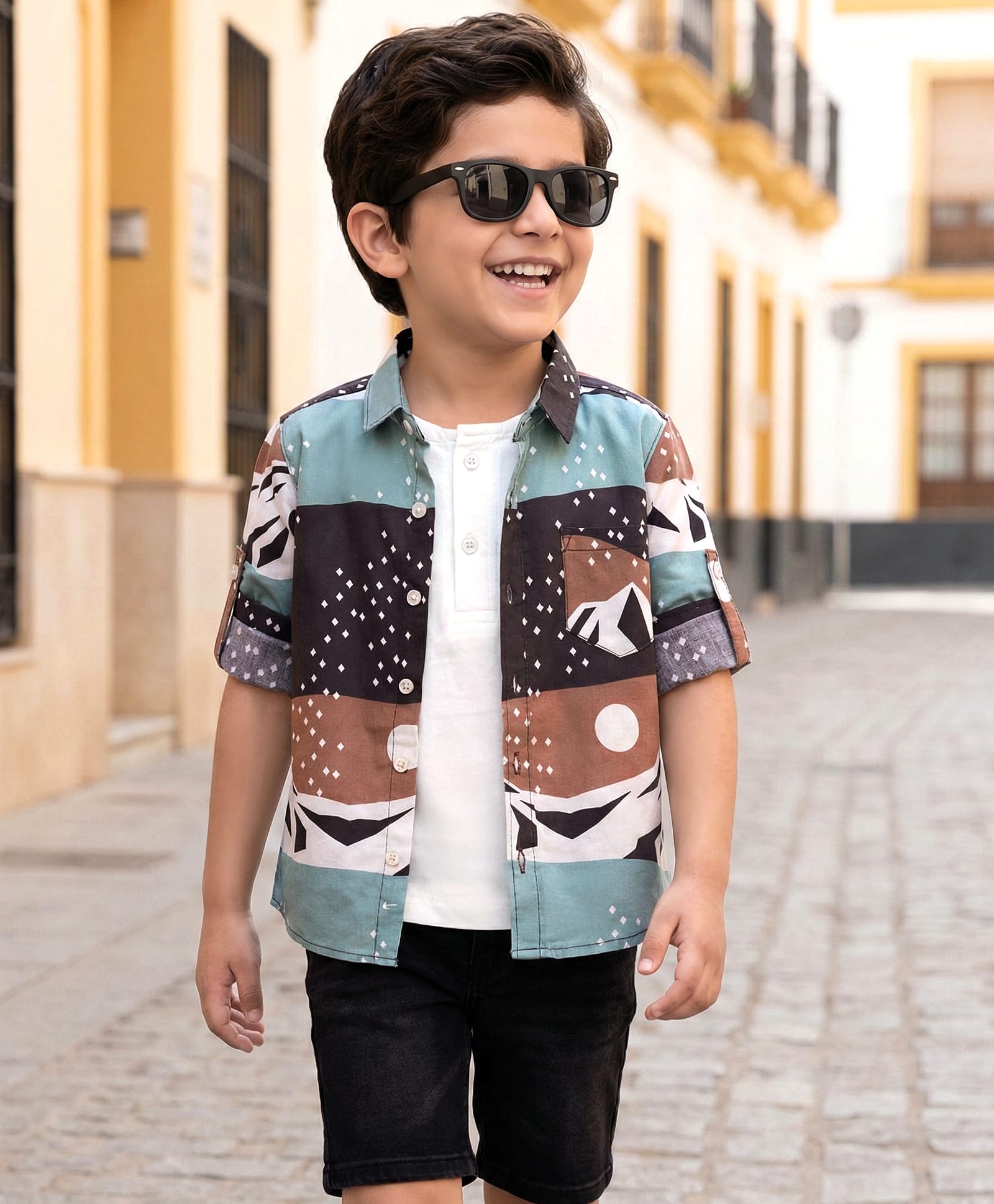 Rikidoos Cotton Woven Full Roll Up Sleeves Mountain Printed Shirt With Attach T-Shirt - Brown-picture-18