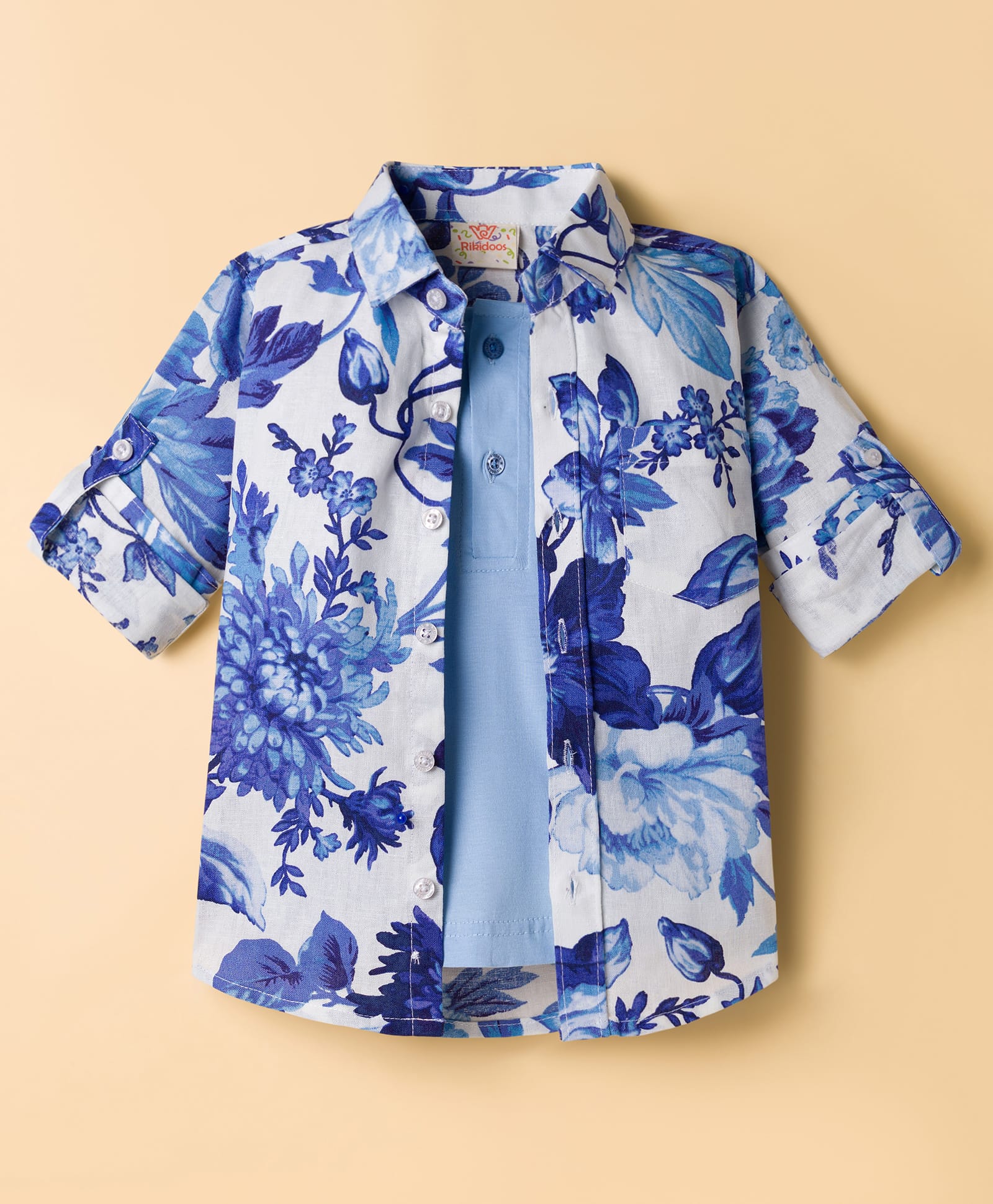 Rikidoos Cotton Woven Full Sleeves Shirt With Floral Print & Attached Inner Tee - White & Light Blue-image-39