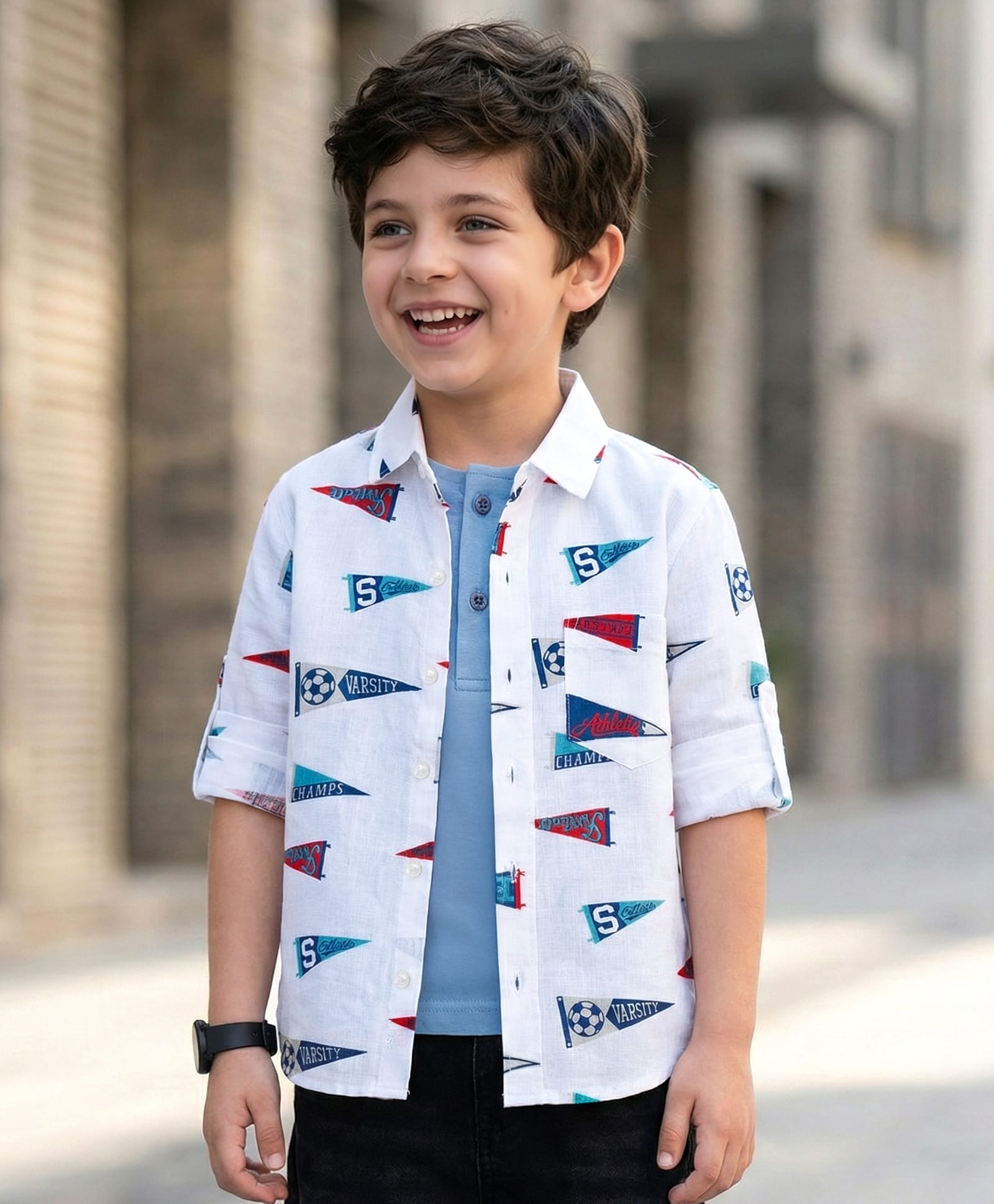 Rikidoos Cotton Woven Full Sleeves Shirt With Flag Print & Attached Inner Tee - White & Light Blue-picture-13