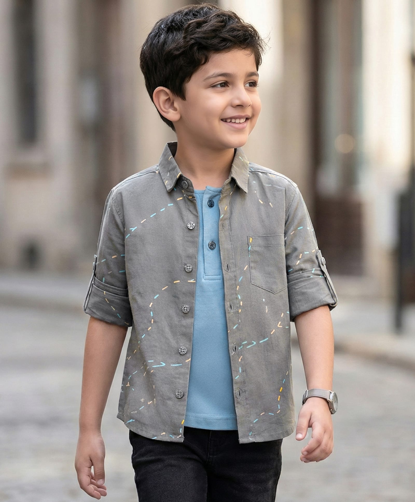 Rikidoos Cotton Woven Full Sleeves Printed Shirt With Attached T-Shirt - Grey & Light Blue-picture-24