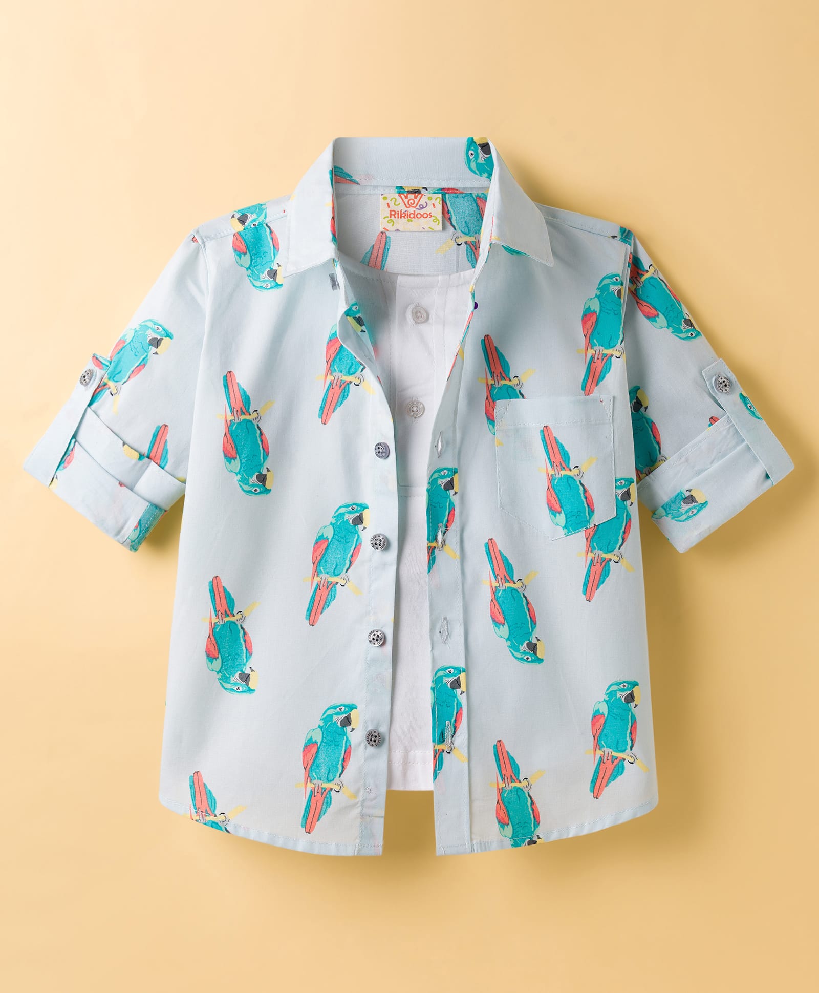 Rikidoos Cotton Woven Full Sleeves Shirt With Parrot Print & Attached Inner Tee - Light Blue & White-picture-14