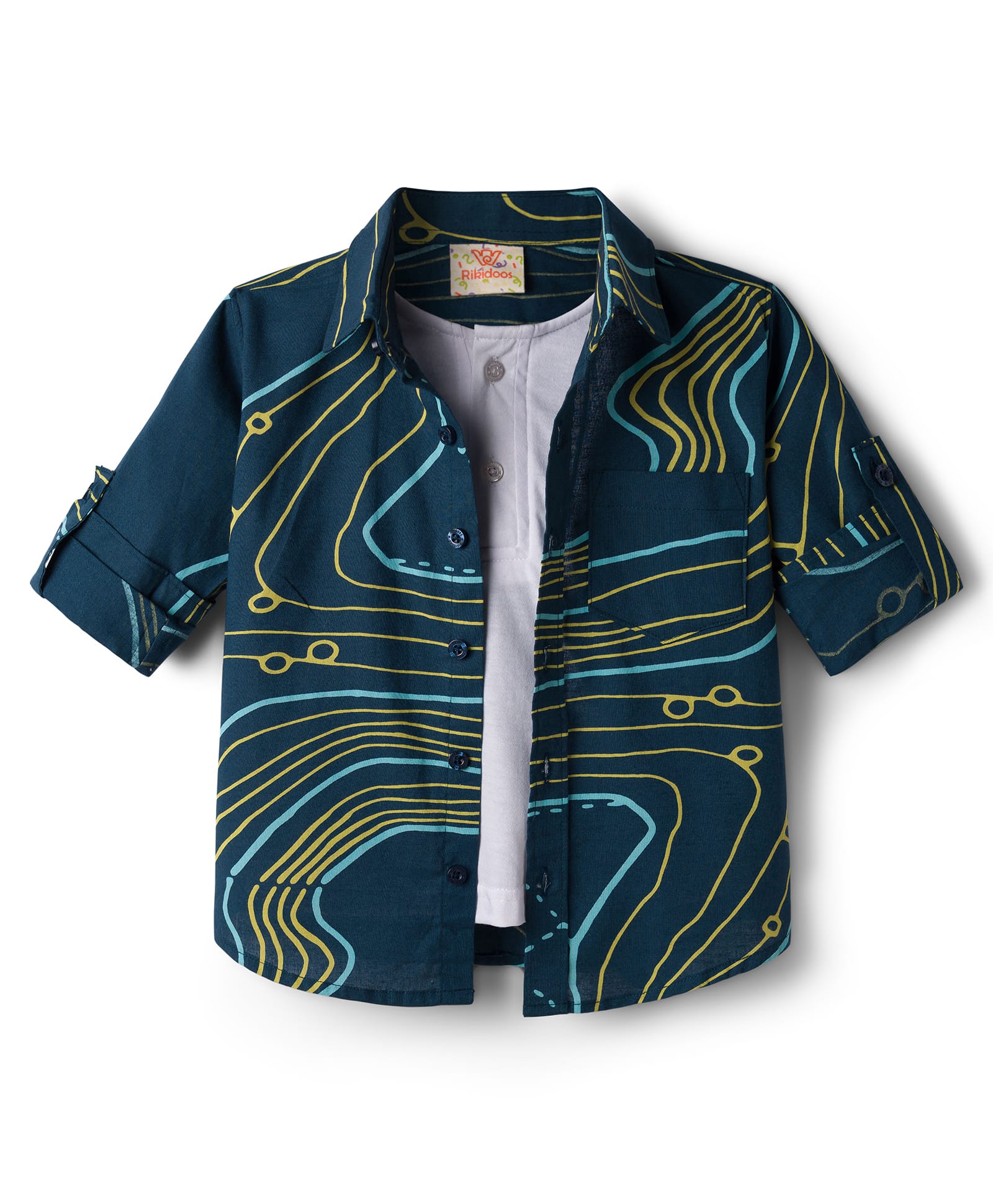 Rikidoos Cotton Woven Full Sleeves Printed Shirt With T-Shirt - Green-image-45