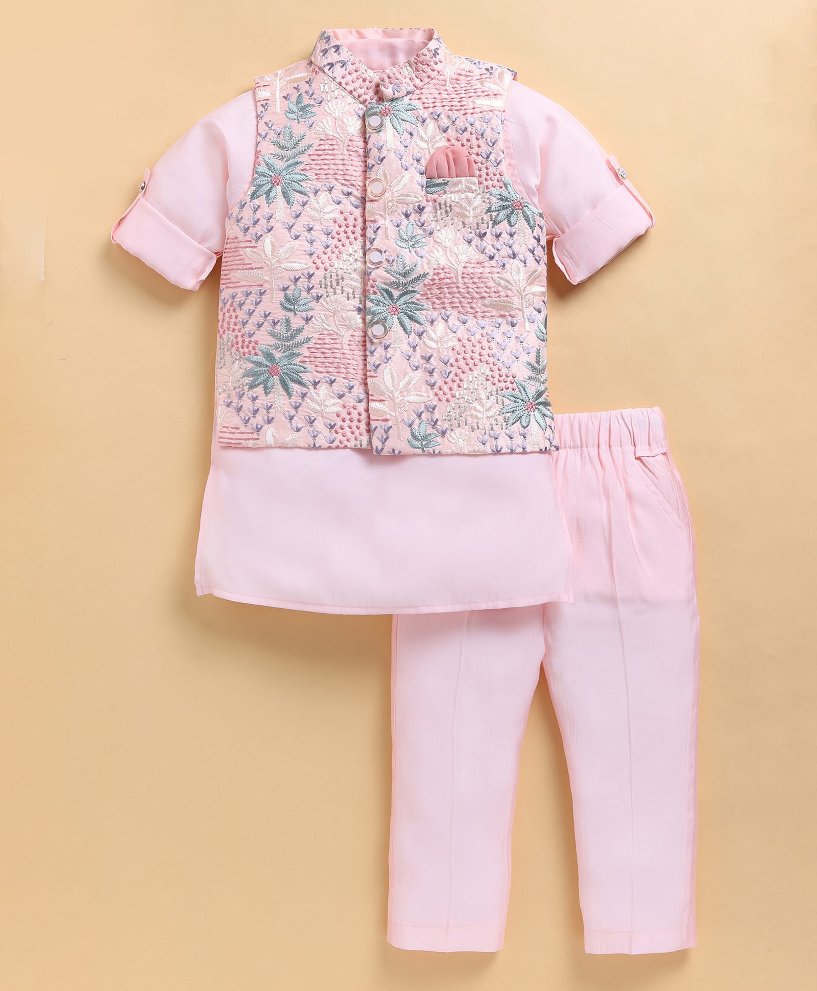 LITTLE COLLARS Cotton Silk Blend Woven Full Sleeves Solid Kurta & Pyjama With Abstract Embroidered Nehru Jacket Set - Peach-image-24