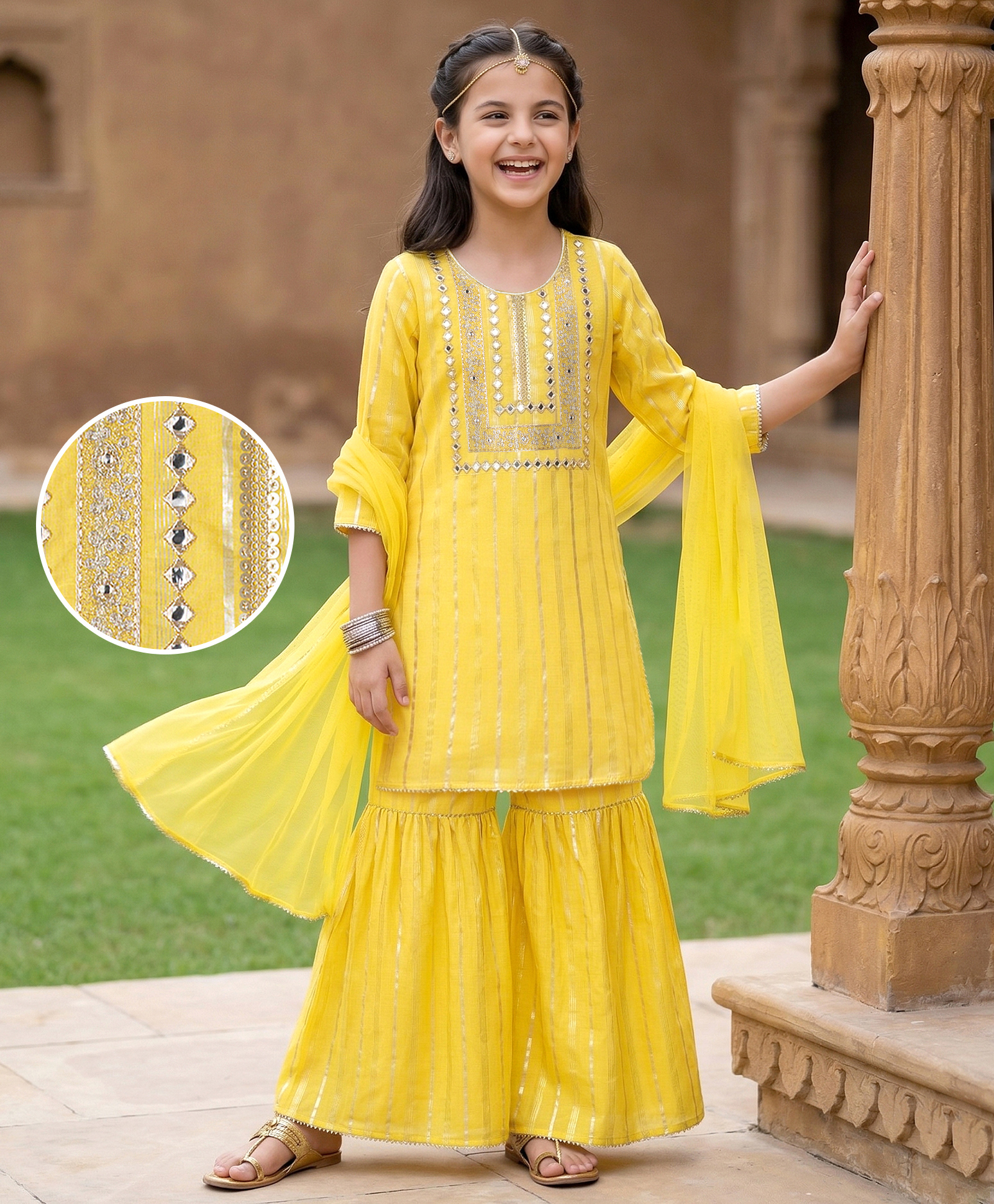 EARTHY TOUCH Lurex Woven Full Sleeves Striped Kurti Gharara Set with Dupatta - Yellow-picture-28