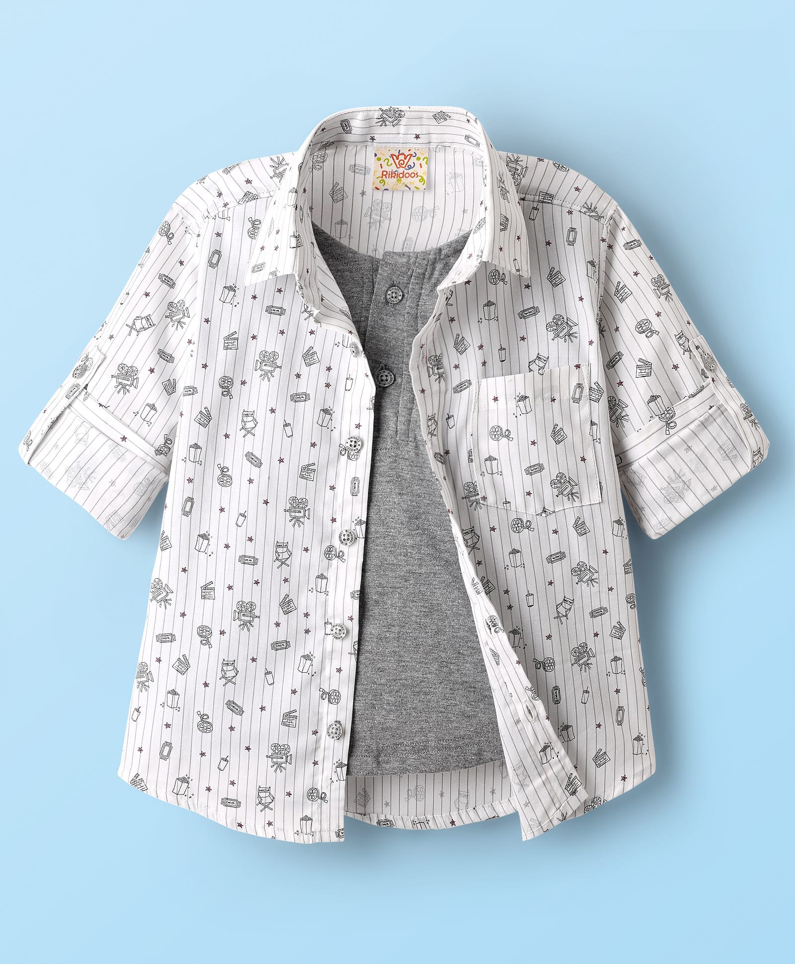 Rikidoos Cotton Woven Full Sleeves Printed Shirt With Attached Inner Tee - White & Grey-image-44