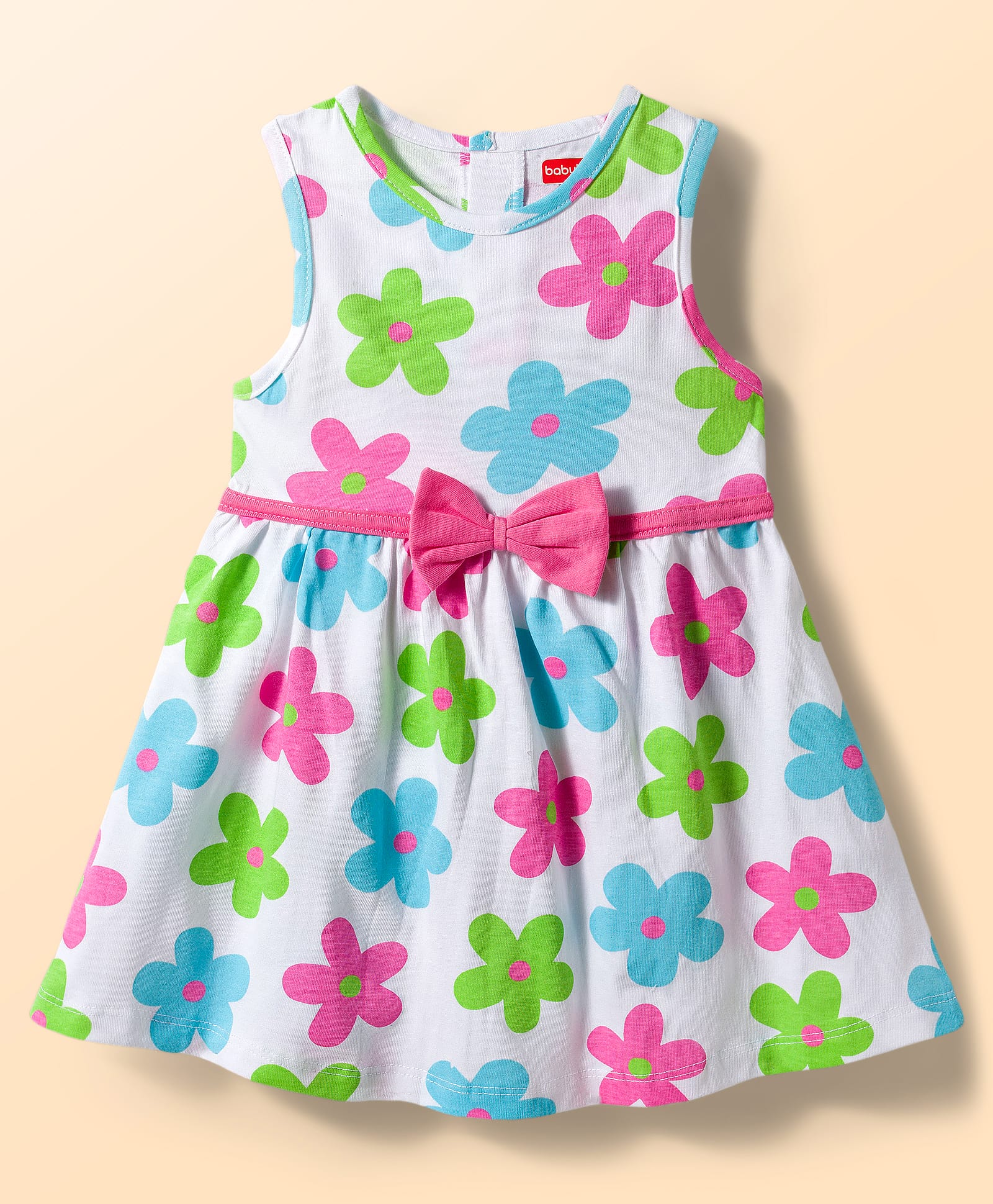 Babyhug Single Jersey Knit Sleeveless Frock With Floral Print & Bow Applique - White-image-21