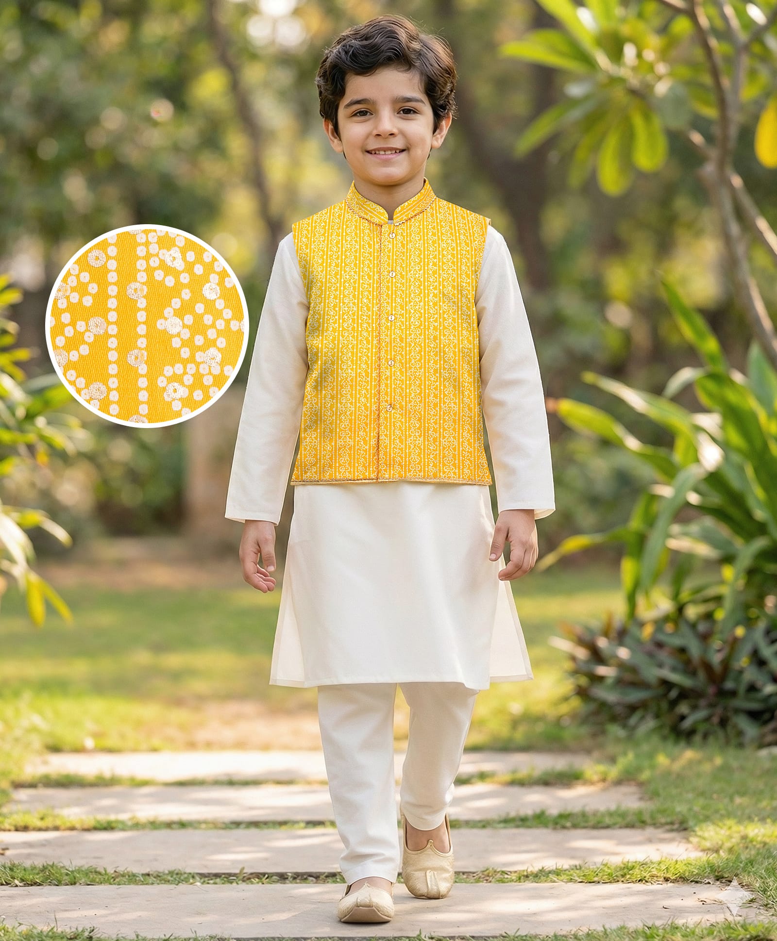 EARTHY TOUCH Cotton Woven Full Sleeves Kurta Pyjama Set With Badhani Printed Jacket - Yellow & Offwhite-picture-15