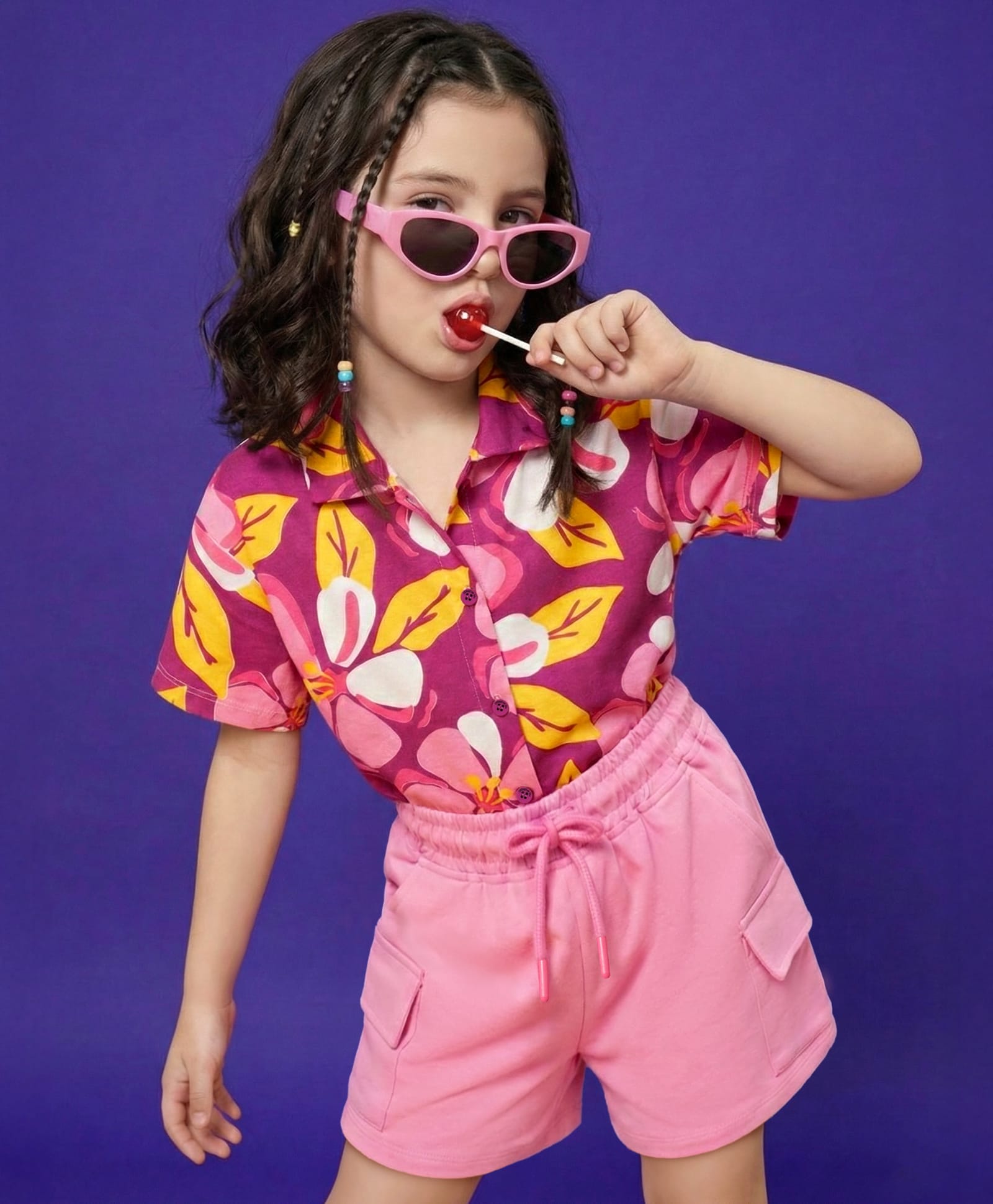 OLLINGTON ST. Cotton Knit Half Sleeves Top With Print & Jogger Set - Multicolor & Pink-picture-22