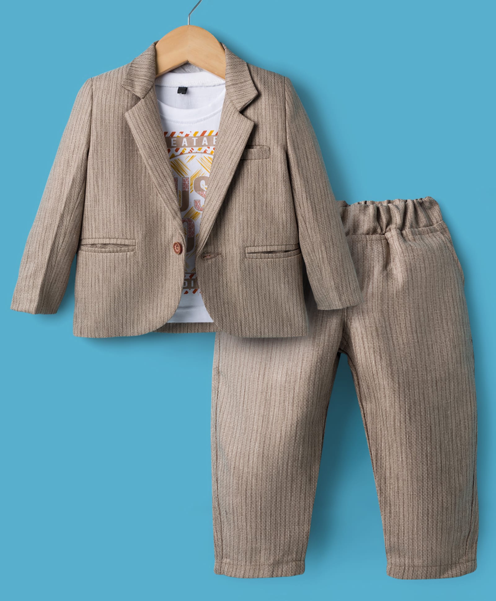Rikidoos Cotton Woven Printed Party T-Shirt & Trouser Set With Full Sleeves Blazer - Beige & White-picture-18