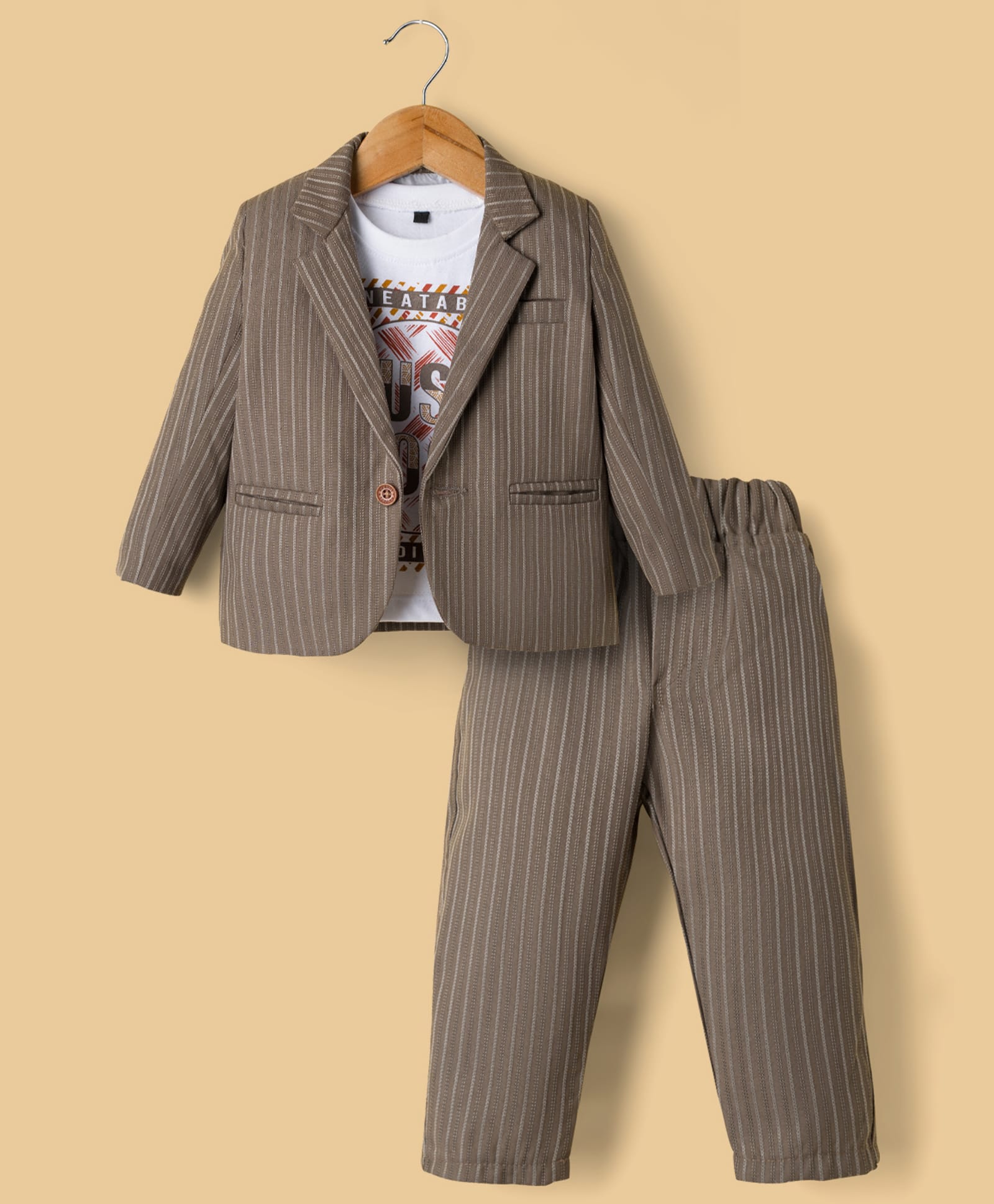 Rikidoos Cotton Woven Printed Party T-Shirt & Trouser With Full Sleeves Blazer - Light Brown & White-picture-11