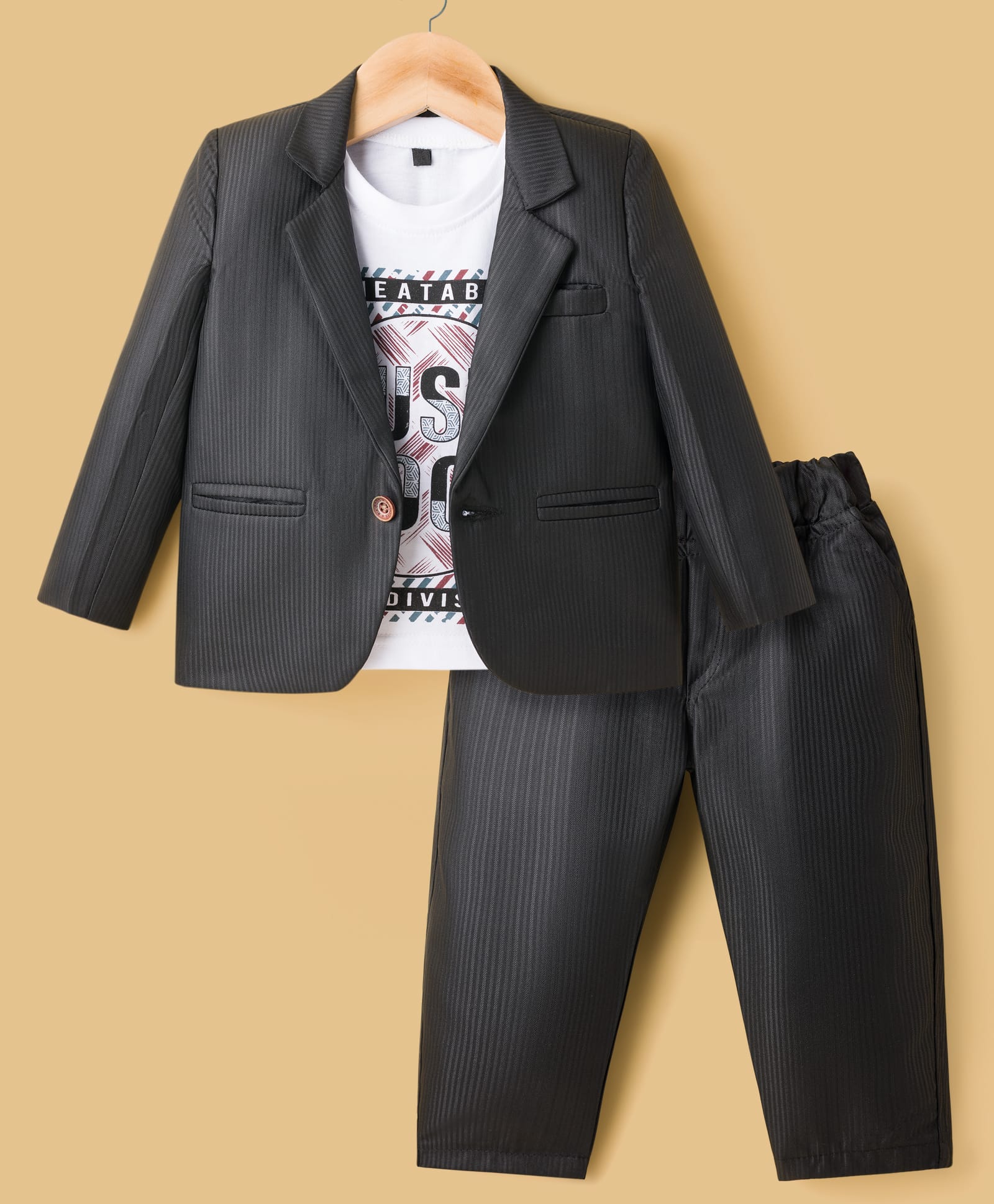 Rikidoos Full Sleeves Blazer With Party T-Shirt & Pant Set - Black & White-image-1