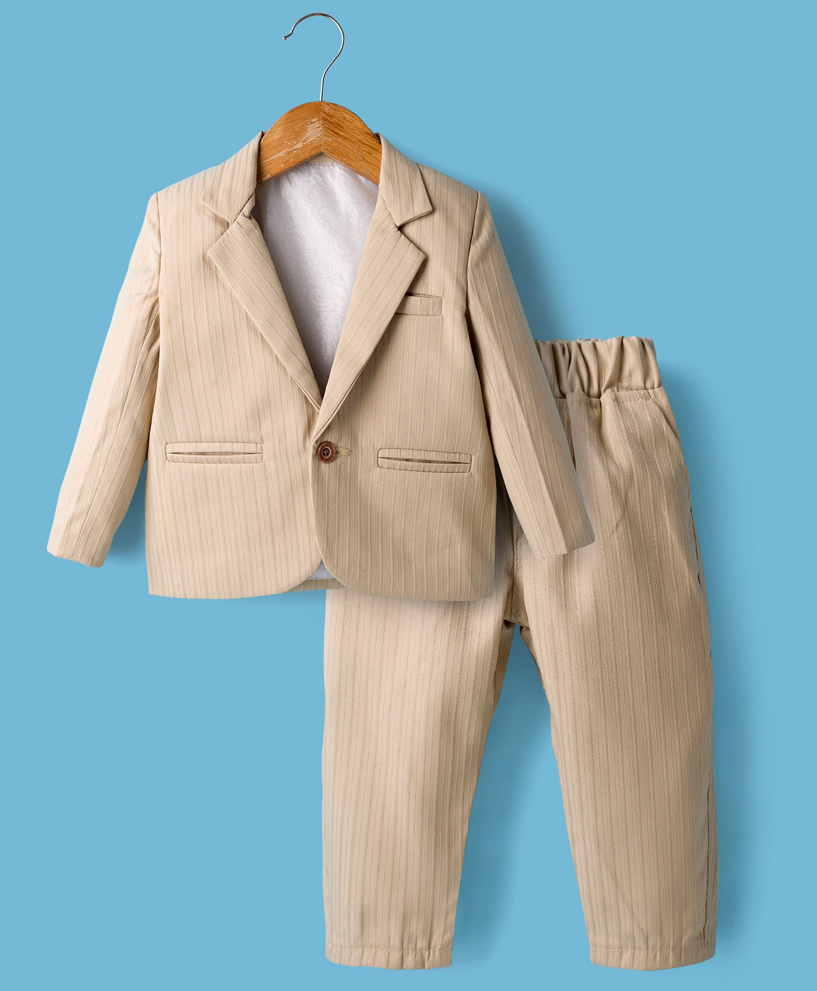Rikidoos Cotton Woven Printed Party T-Shirt & Trouser With Full Sleeves Blazer - Light Brown & White-picture-26