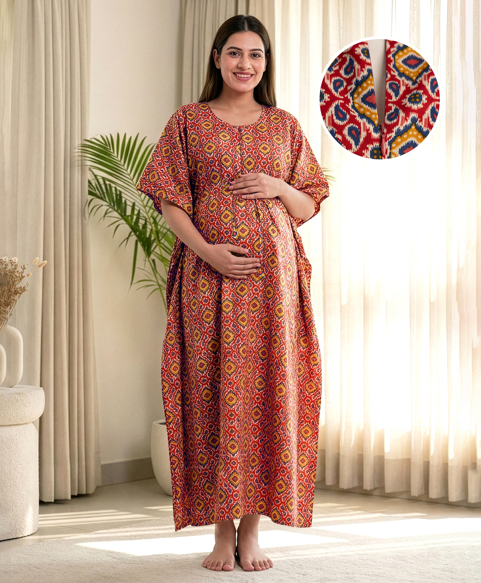 Bella Mama Cotton Woven Half Sleeves Maternity Nursing Kaftan with Floral Print - Red-picture-24
