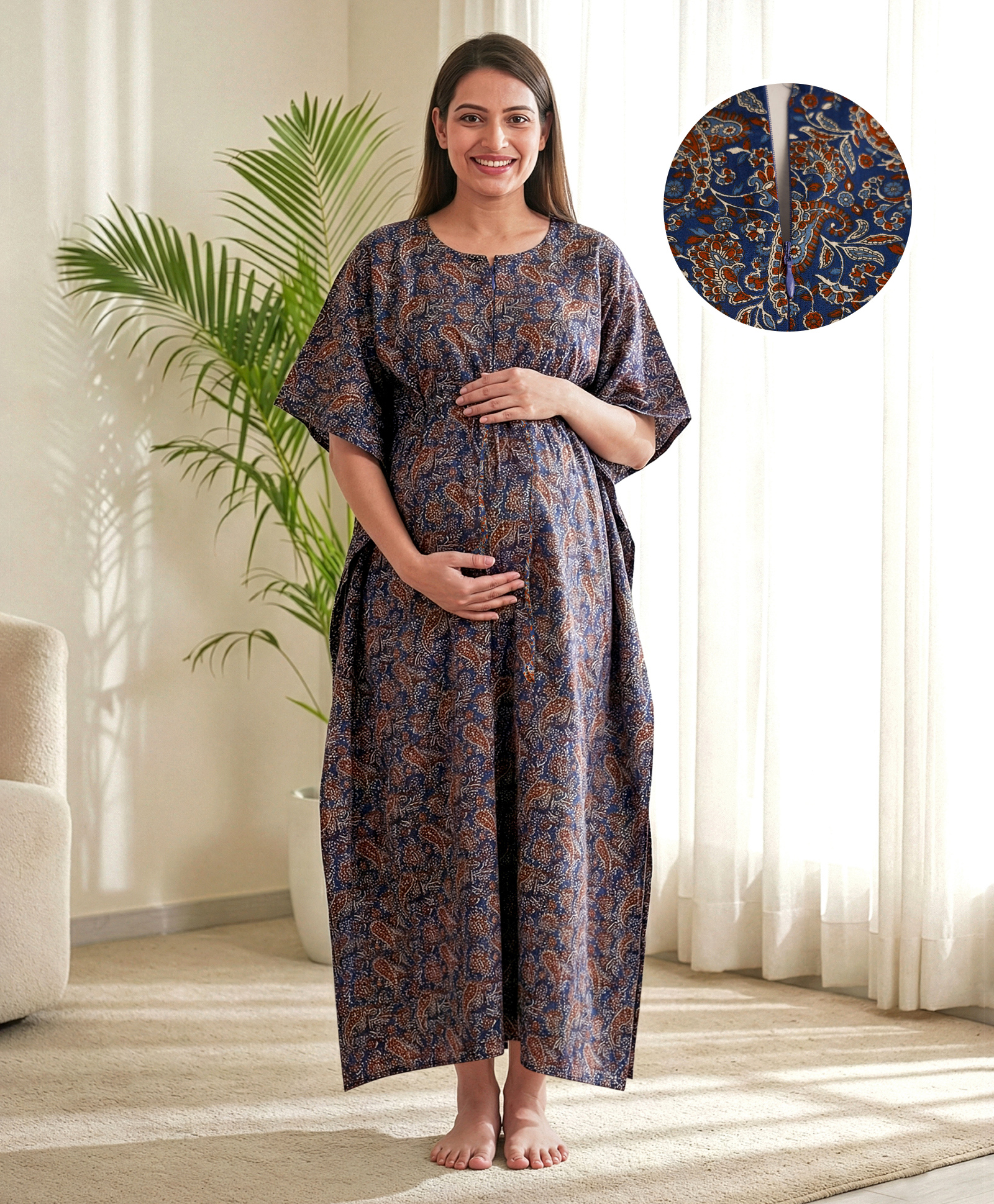 Bella Mama Cotton Woven Half Sleeves Maternity Nursing Kaftan with Floral Print - Blue-picture-13