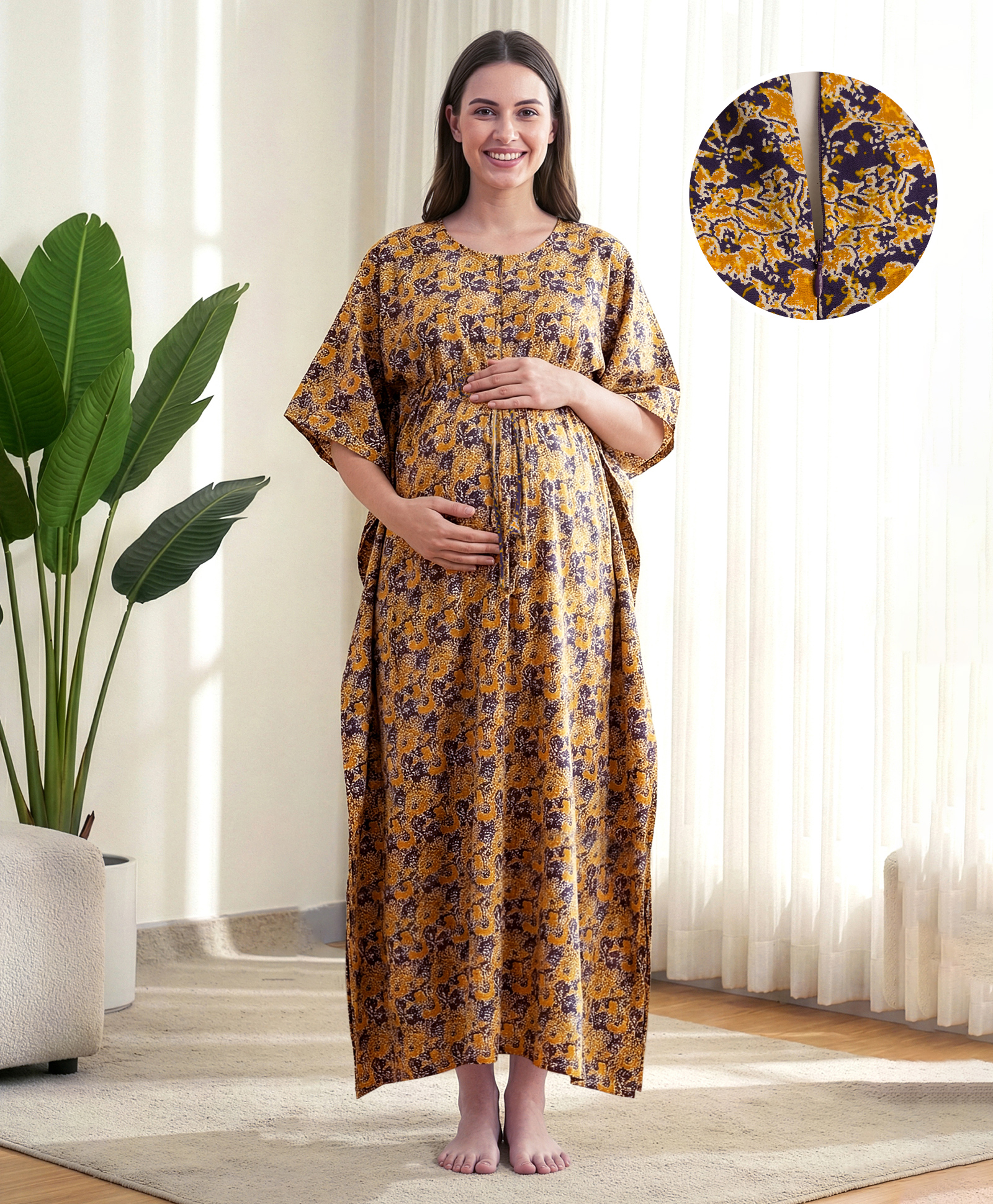 Bella Mama Cotton Woven Half Sleeves Maternity Nursing Kaftan with Floral Print - Multicolor-image-12