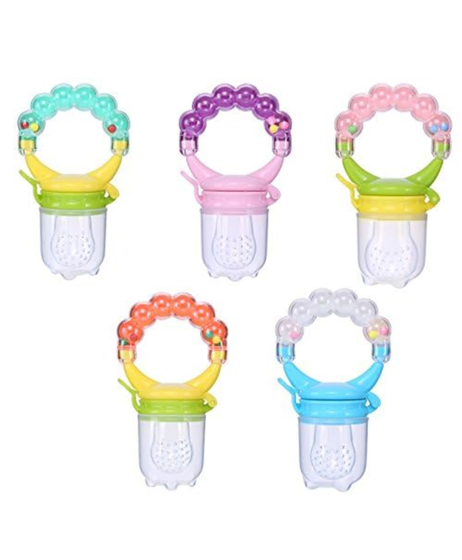 AEREX BPA Free Silicone Food Nibbler with Extra 2 Different Size Mesh Nipples for Fruit and Veggies with Rattle Handle for Baby Pack of 5-picture-11