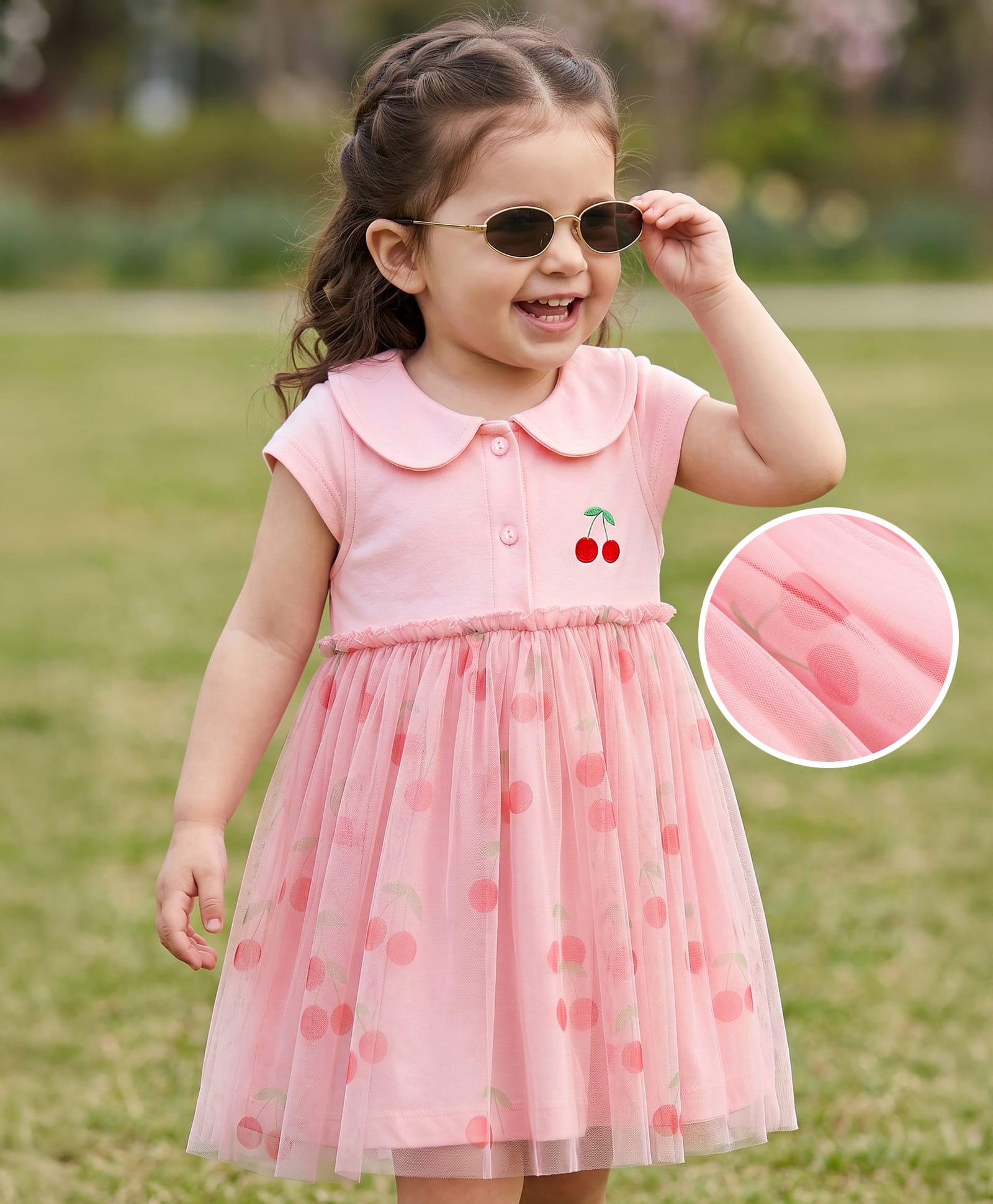 Babyhug Mesh Knit Half Sleeves Cherry Printed Frock - Pink-image-30