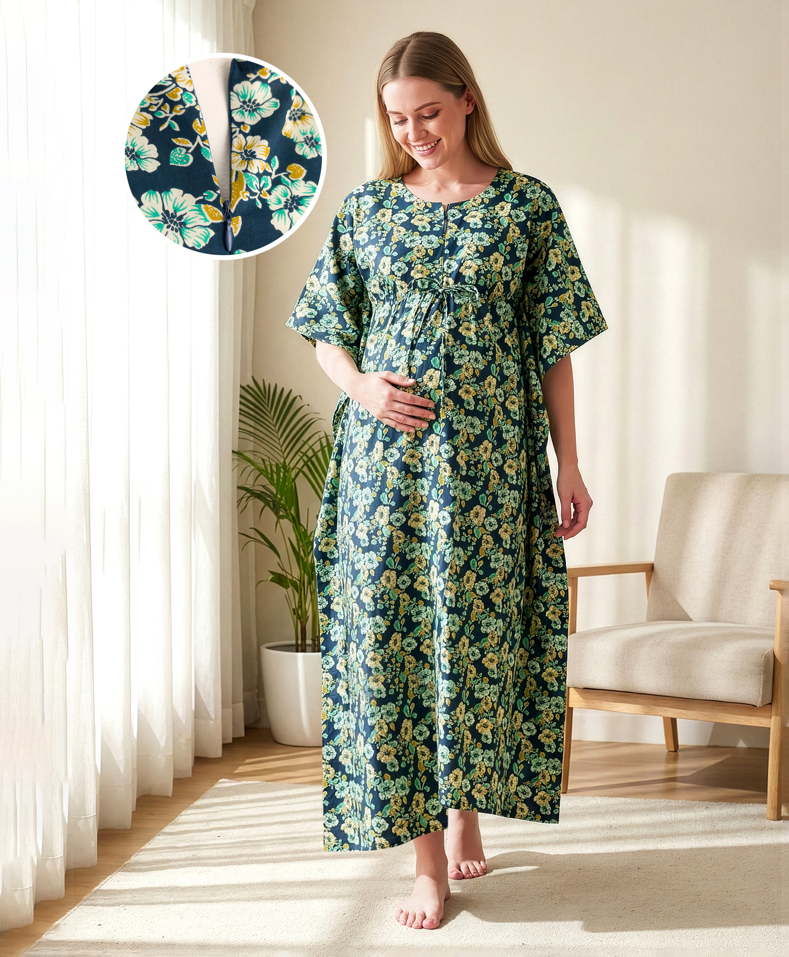Bella Mama Cotton Woven Half Sleeves Maternity Nursing Kaftan with Floral Print - Blue