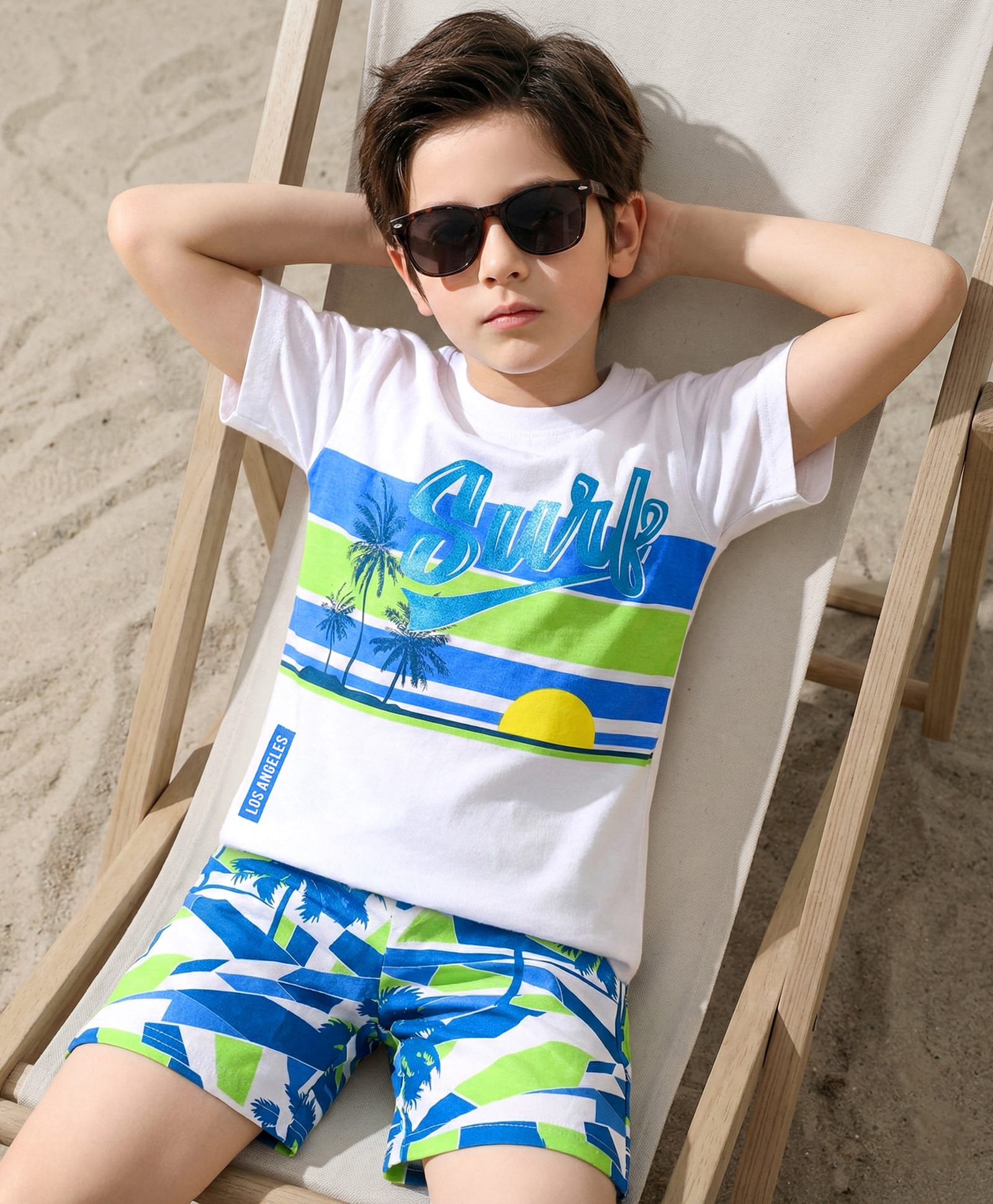 OLLINGTON ST. Cotton Half Sleeve Printed T-Shirt & Shorts Set - White & Multicolor-image-3
