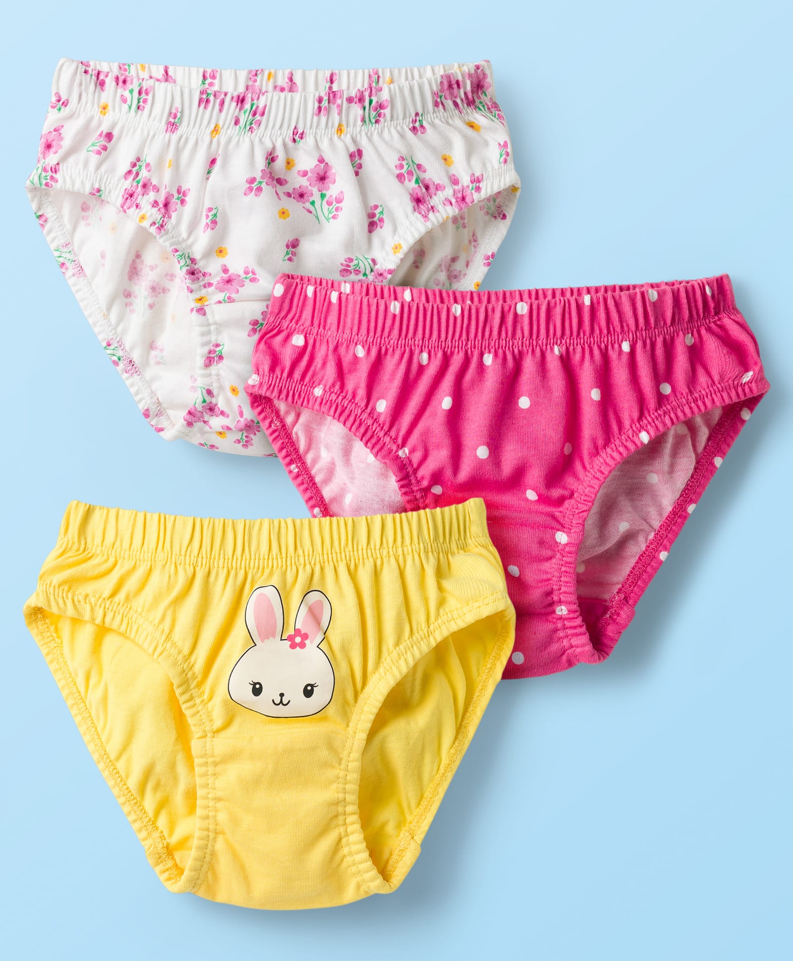 Babyhug 100% Cotton Knit Panties With Floral Polka Dot & Bunny Print Pack of 3 - Multicolor